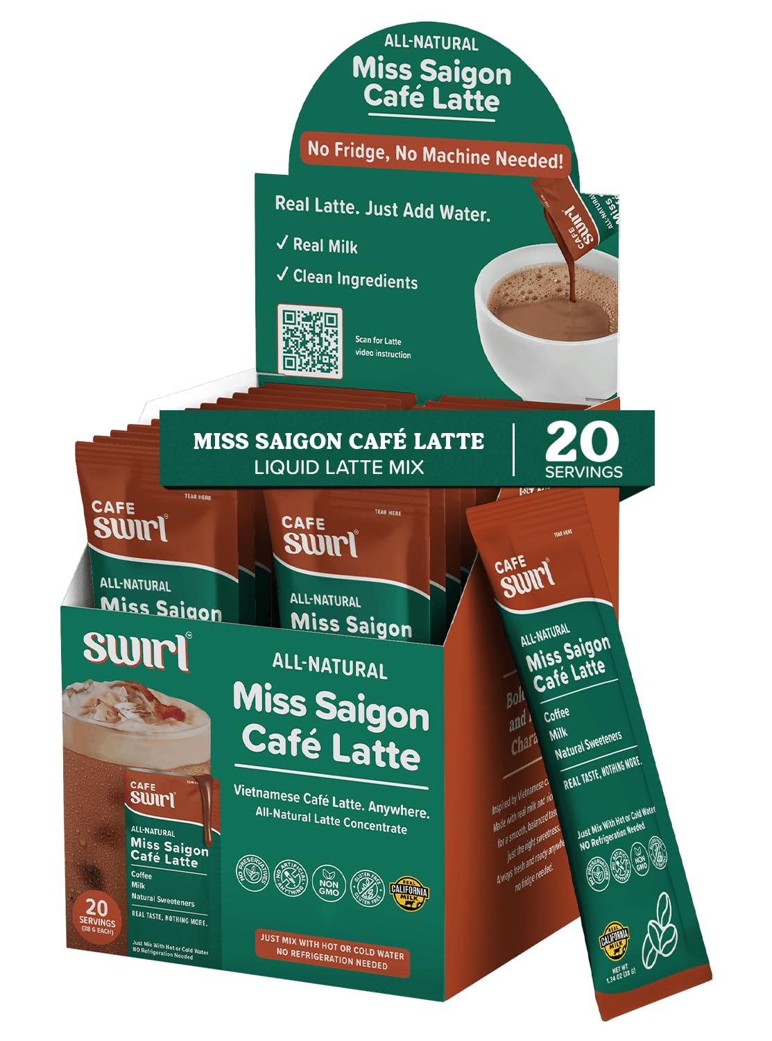 Swirl - Miss Saigon Cafe Latte - Vietnamese Inspired Espresso, Milk Blend, Single Serve, Smooth, Sweet, Balanced, No Fridge - 38g per pack 20 packets