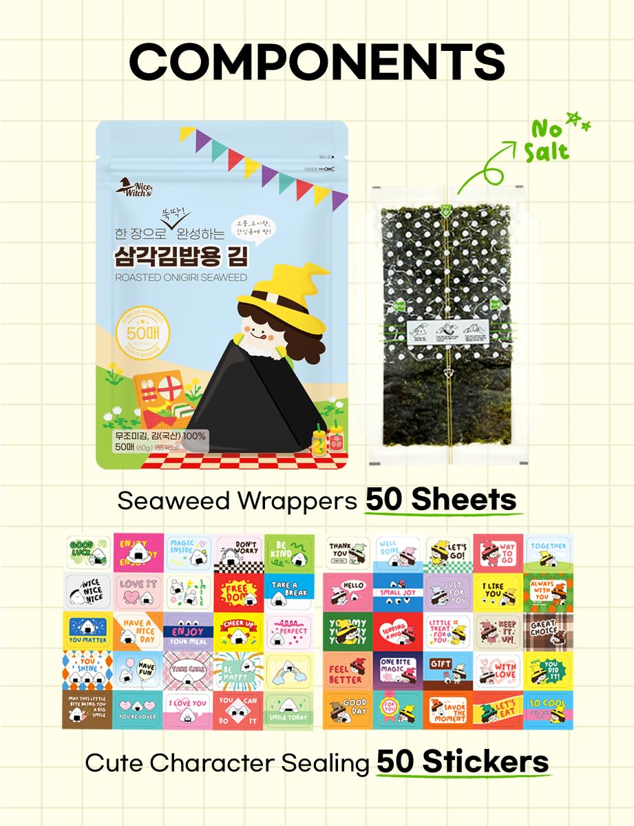 [50 sheets] Nice witch's Seaweed Wrappers for Triangle Rice Ball - Korean Gimbap Nori, Onigiri Sheets for Easy Homemade Cooking