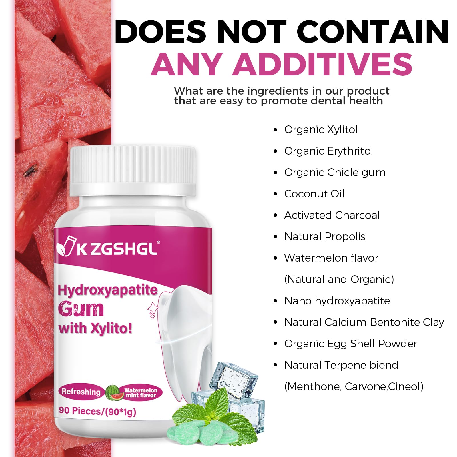 Hydroxyapatite Gum, 90 Pieces, Good for Teeth Remineralization, Sugar-Free Watermelon Chewing Gum with Xylitol, Two pieces after meals to freshen