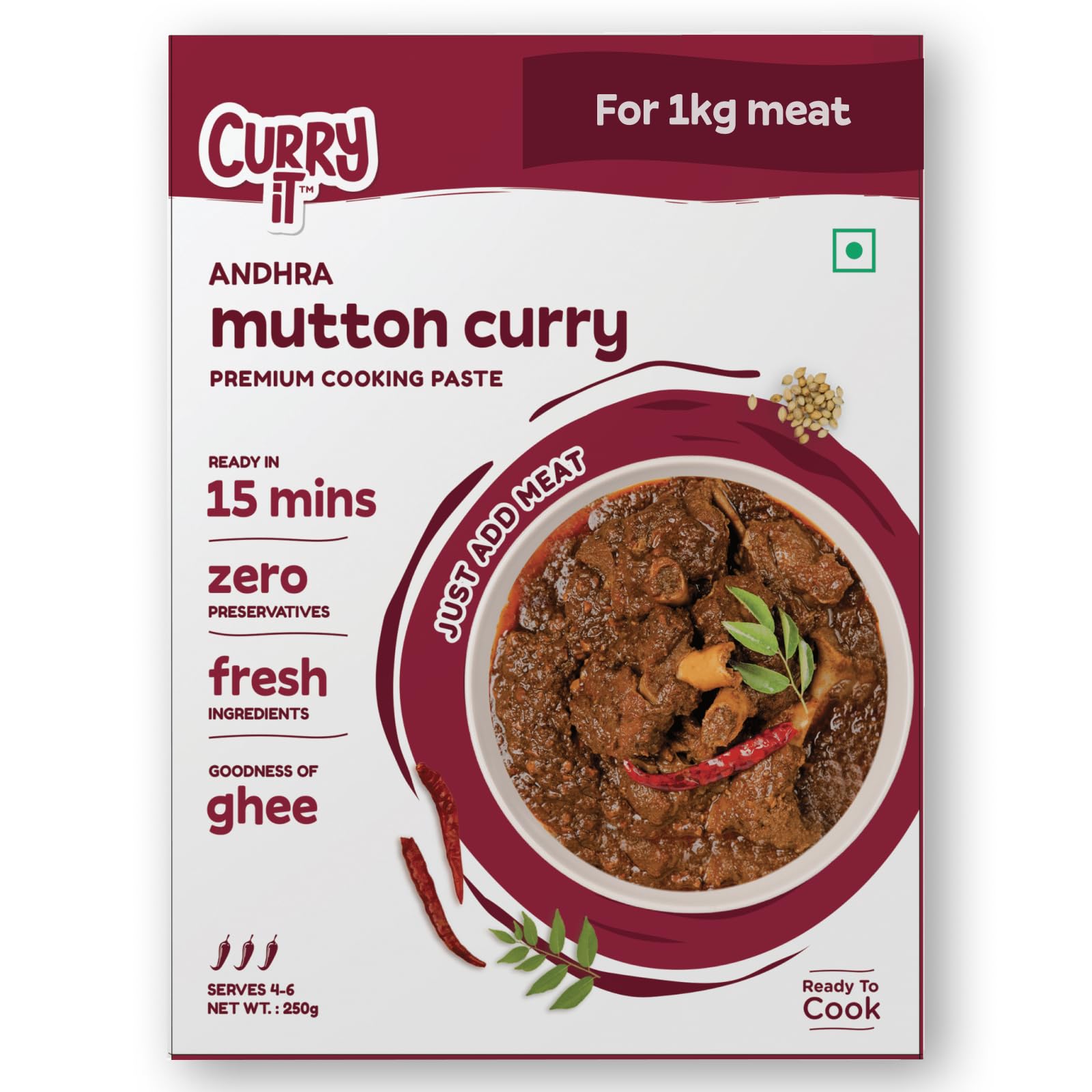 CURRYiT Instant Andhra Mutton Curry Paste | Just Add Lamb, Chicken, Fish | Ready in 15-30 Mins | Serves 6 | Made with Ghee | No Preservatives | Ready