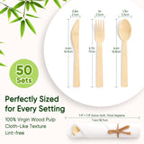FEHHTO Napkin and Bamboo Cutlery Set, Compostable Utensils Disposable Cutlery for Party, Wedding, BBQ, Camping, Events-50 Pack (Forks, Knives, Spoons