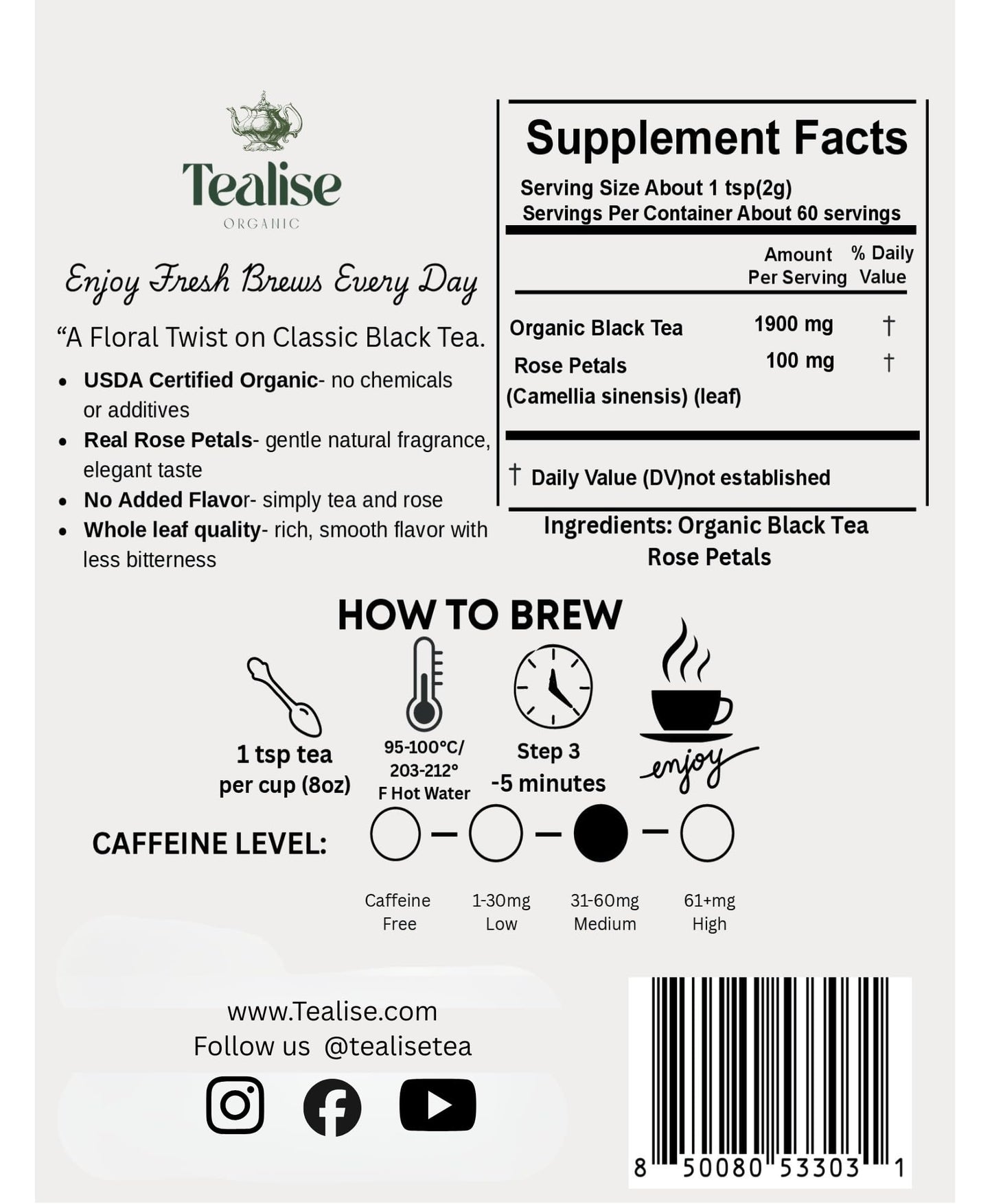 Organic Rose Black Whole Leaf Pyramid Tea Bags - USDA Organic, Plant-Based & Plastic-Free Tea Bags, Smooth Floral Black Tea, 60 Count by Tealise