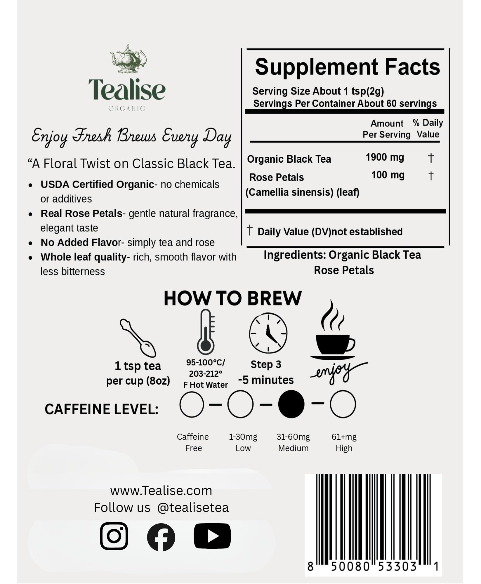 Organic Rose Black Whole Leaf Pyramid Tea Bags - USDA Organic, Plant-Based & Plastic-Free Tea Bags, Smooth Floral Black Tea, 60 Count by Tealise