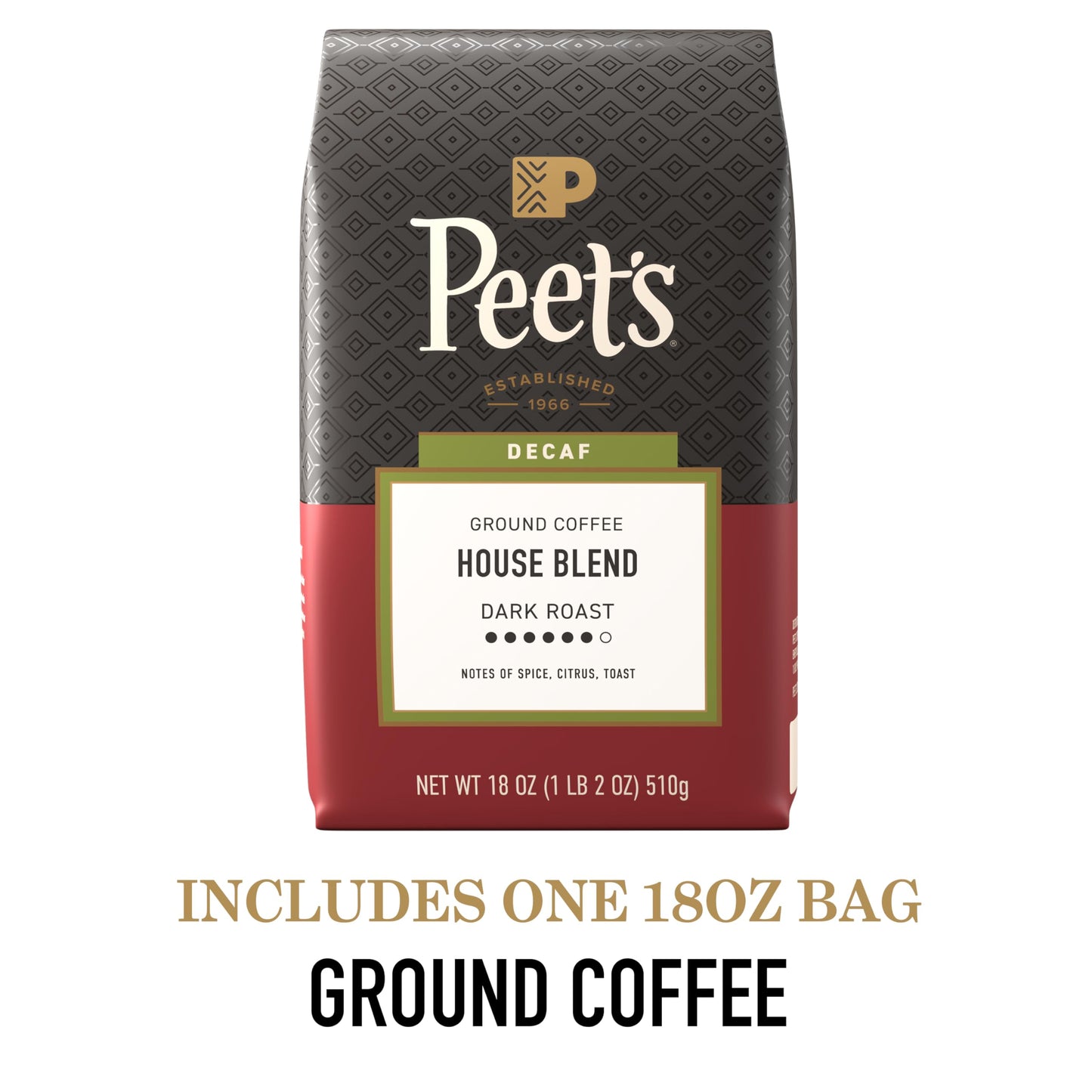 Peet's Coffee, Dark Roast Ground Coffee, Decaffeinated Arabica Coffee - Decaf House Blend 18 Ounce Bag