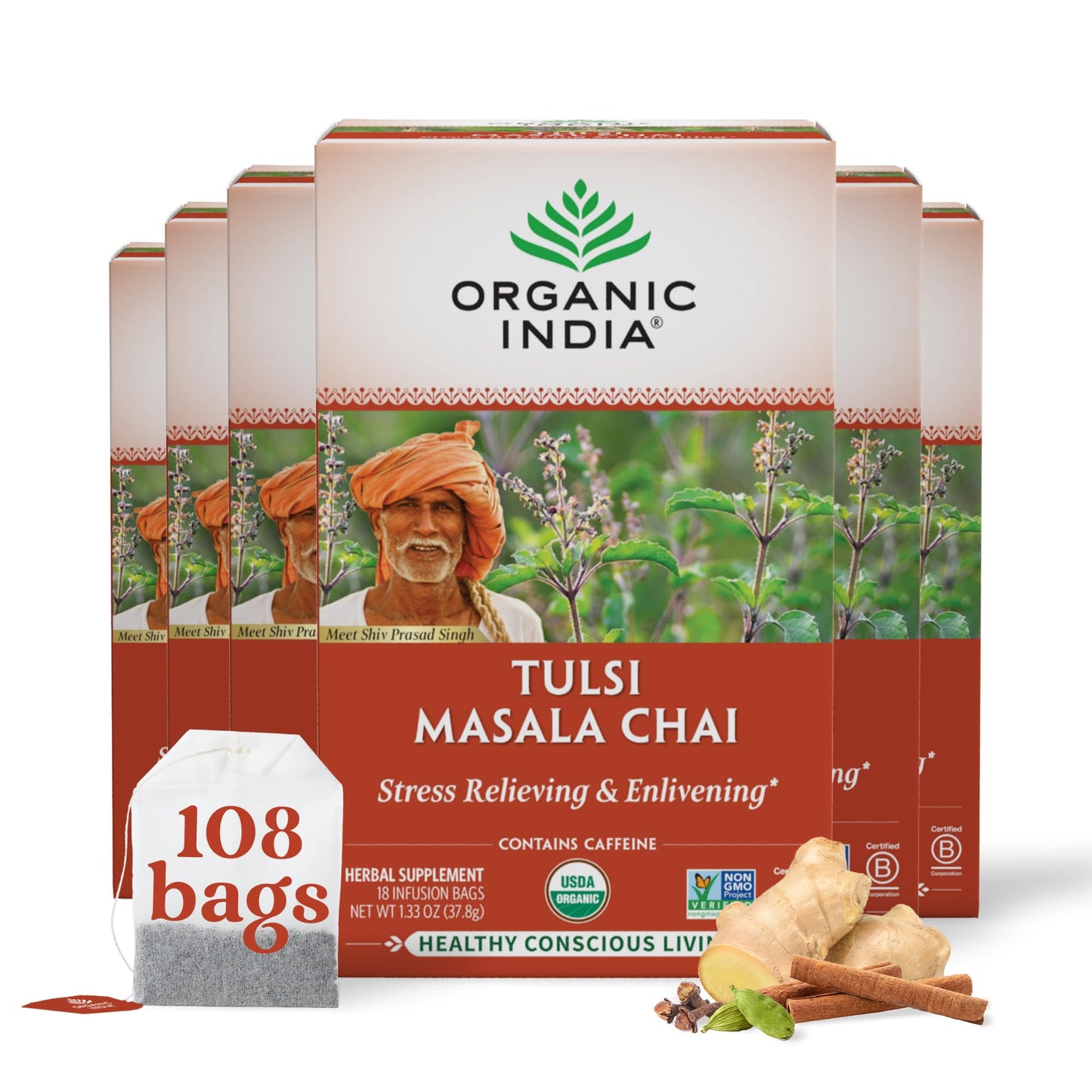 Organic India Tulsi Masala Chai Tea Bags - Holy Basil, Black Tea, Spices with Ginger, Stress Relieving, Immune Support, USDA Certified Organic