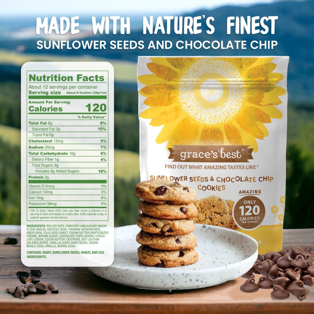 Grace’s Best Cookies - Sweet and Crunchy Small Snack Made With Natural, Quality Ingredients - Sunflower Seeds and Chocolate Chips - Pack of 2 (12oz)