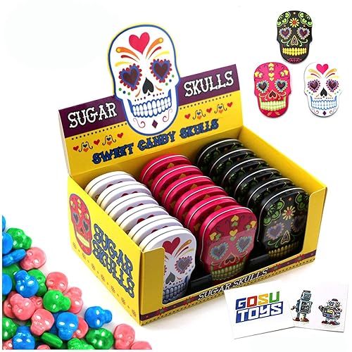 Sugar Skulls Tin Candy (18 Pack Case) Festive Sweet Flavor Skill Shaped Gift Stuffers with 2 Gosutoys Stickers