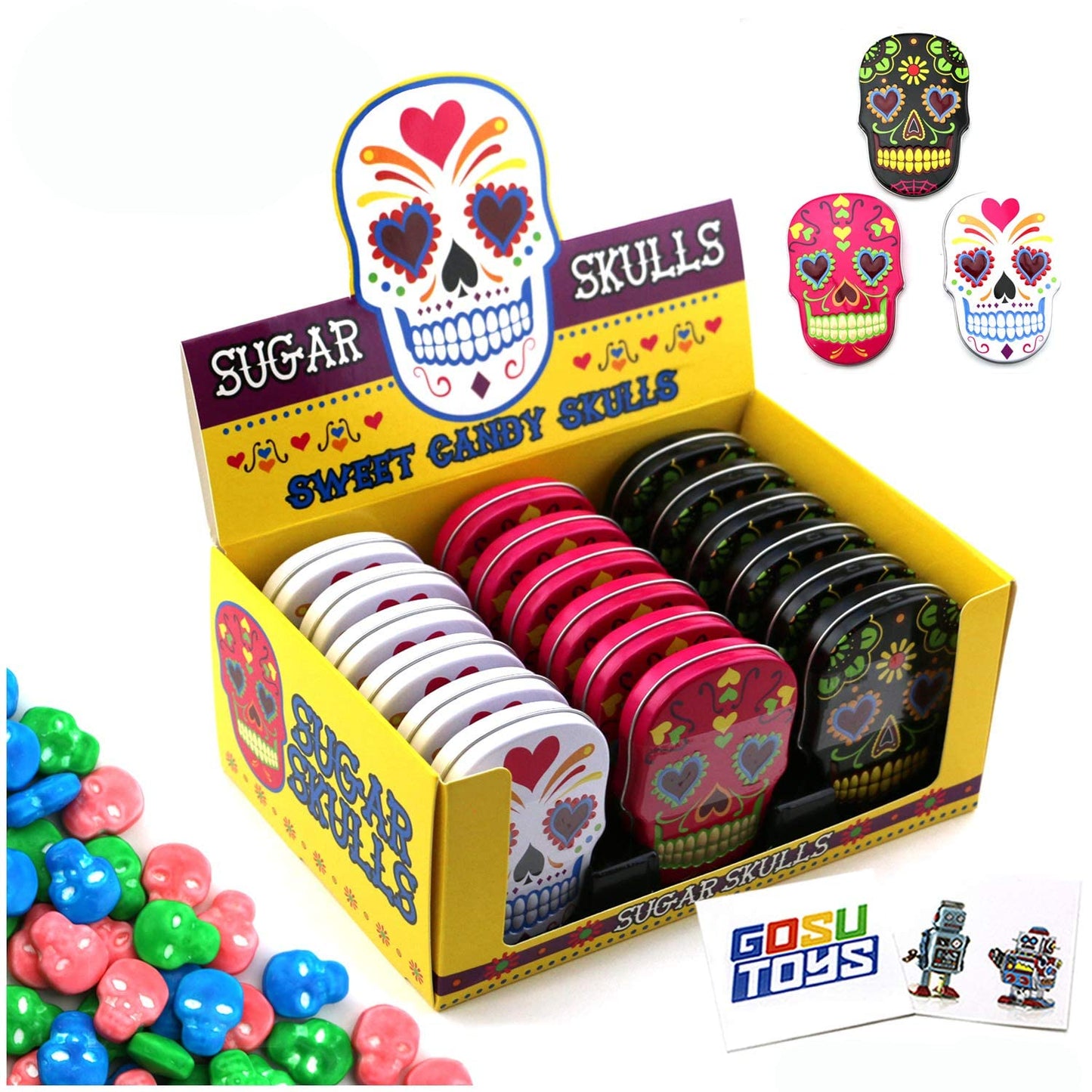 Sugar Skulls Tin Candy (18 Pack Case) Festive Sweet Flavor Skill Shaped Gift Stuffers with 2 Gosutoys Stickers