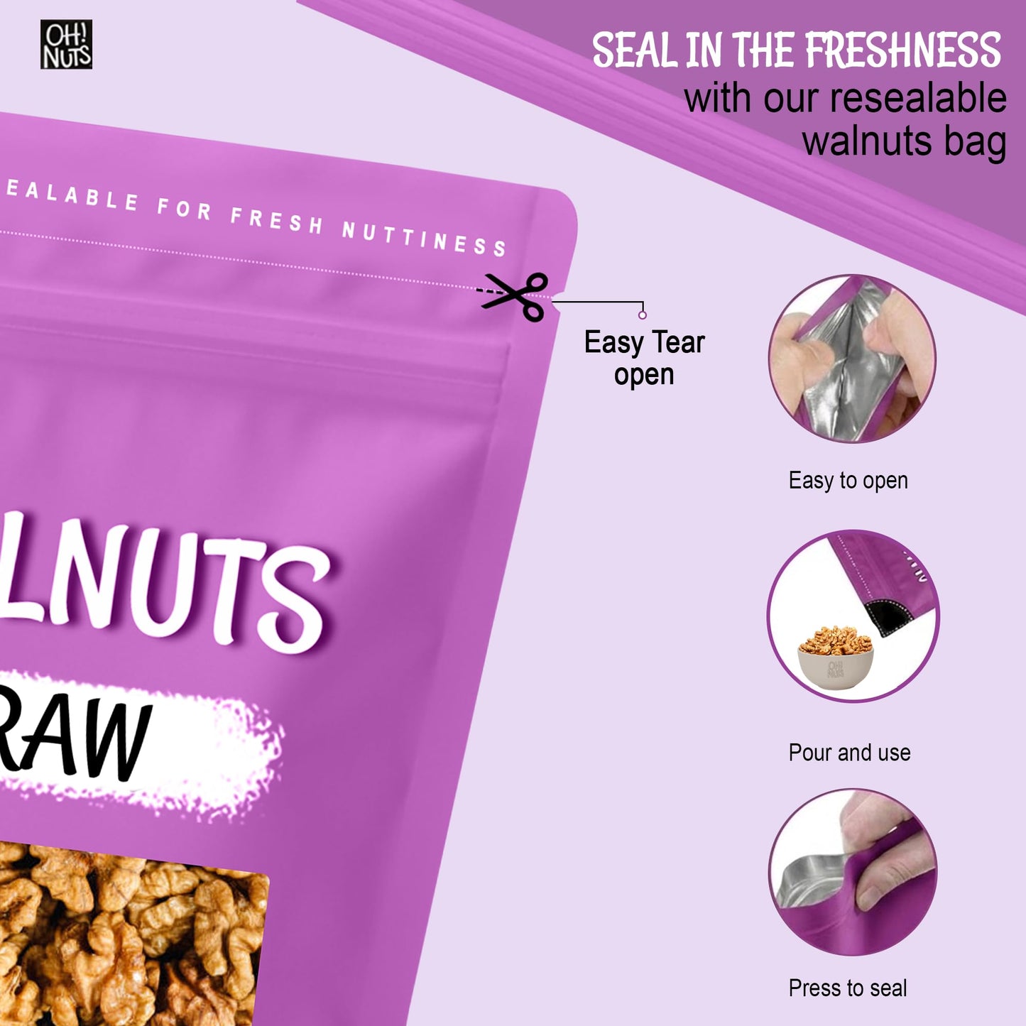 Oh! Nuts Organic Raw Walnuts 2lb Bulk Bag - Unshelled Healthy Mix of Chandler Halves & Pieces - Fresh & Healthy Keto Snacks - Chopped Nuts for Vegan