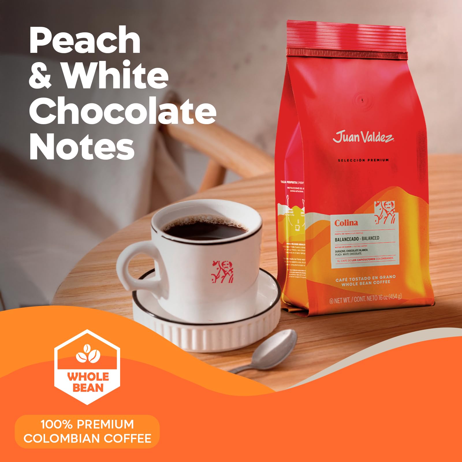 Juan Valdez Colina Whole Bean Coffee - Medium Roast | 16 oz - 100% Colombian Coffee | Unique “Caracolito” Beans with Peach & White Chocolate Notes