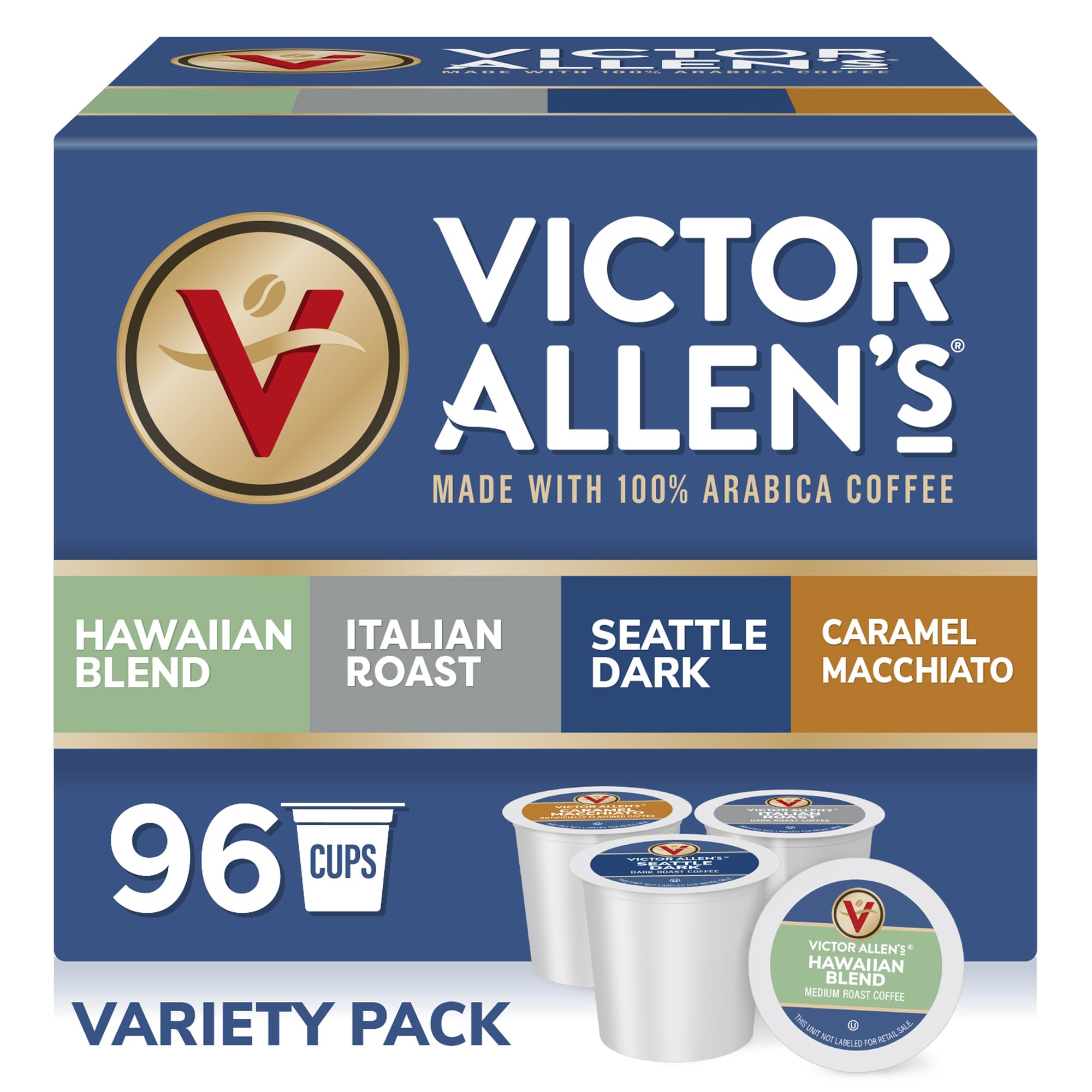 Victor Allen's Coffee Variety Pack (Hawaiian Blend, Italian Roast, Seattle Dark, Caramel Macchiato), 96 Count, Single Serve Coffee Pods for Keurig
