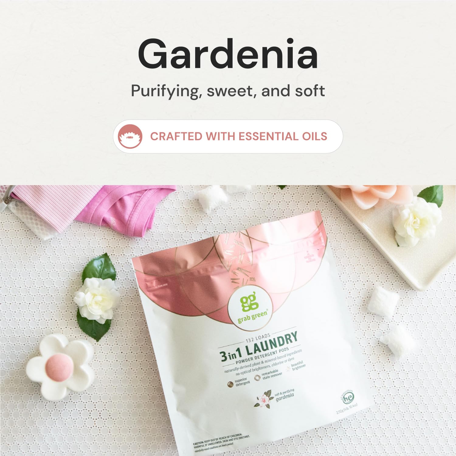 Grab Green Natural 3 in 1 Laundry Detergent Pods, Gardenia-with Essential Oils, 132 Loads, Organic Enzyme-Powered, Plant & Mineral-Based, White
