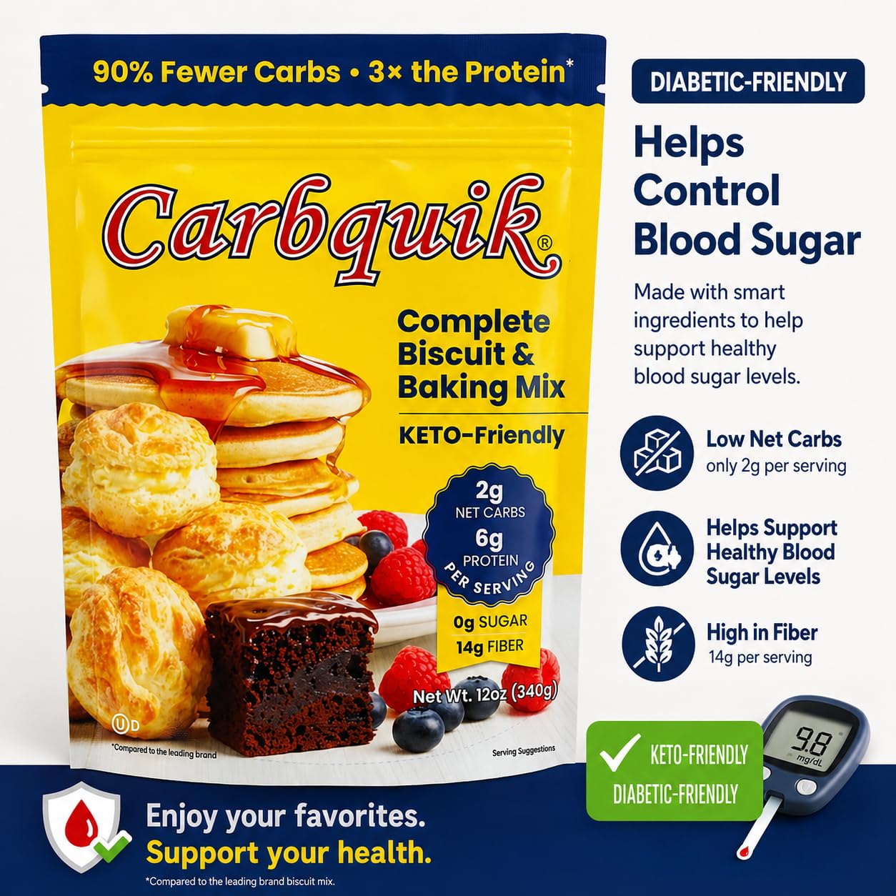 Carbquik Baking Mix 12oz Resealable Pouch - Pancake Mix, Diabetic Friendly Blood Sugar Control, 6g Protein per serving, Sugar Free, High Fiber Keto