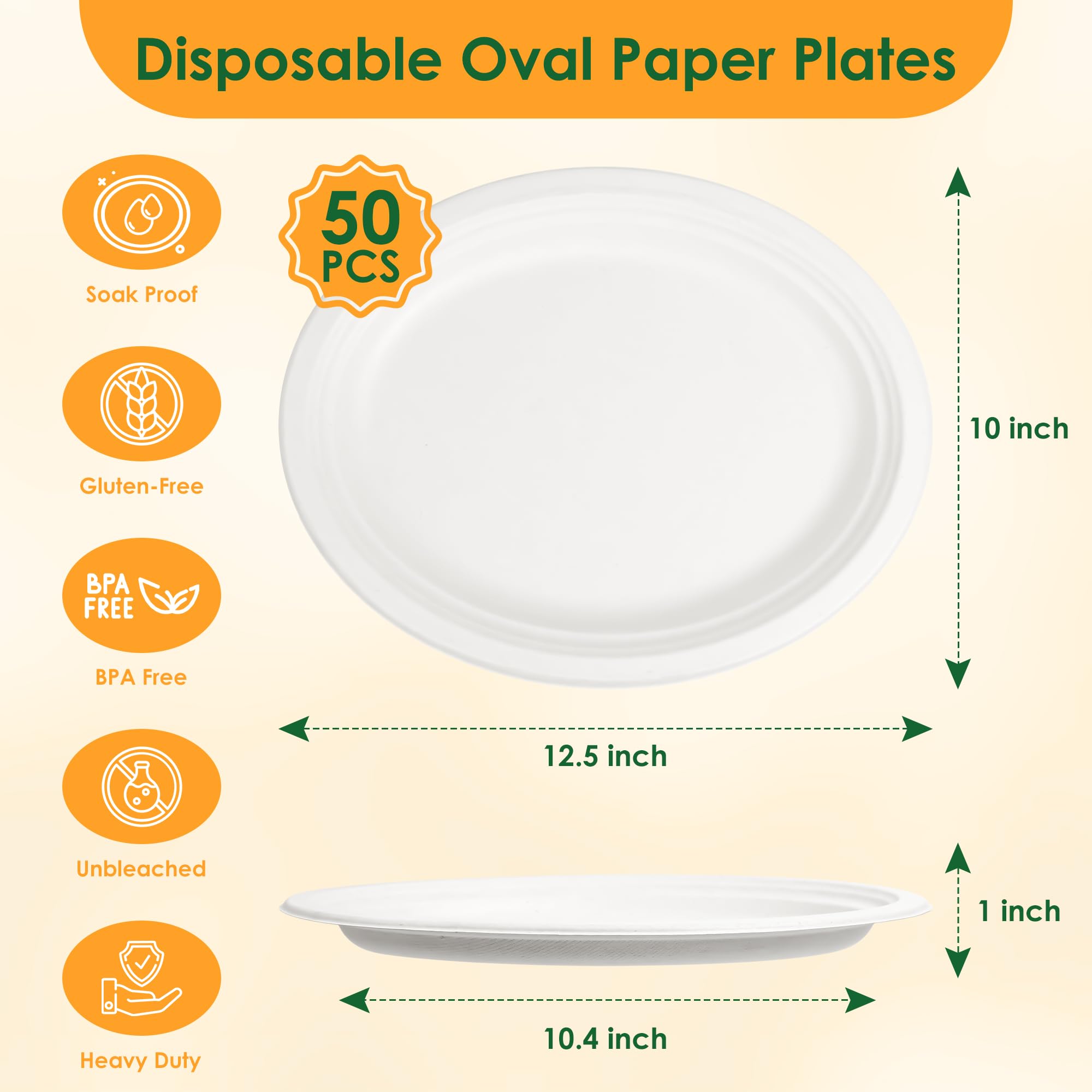 FEHHTO 100% Compostable Oval Paper Plates, 12.5Inch 50Pack Disposable Heavy Duty Bagasse Platters Eco-Friendly Biodegradable Sugarcane Plates for BBQ