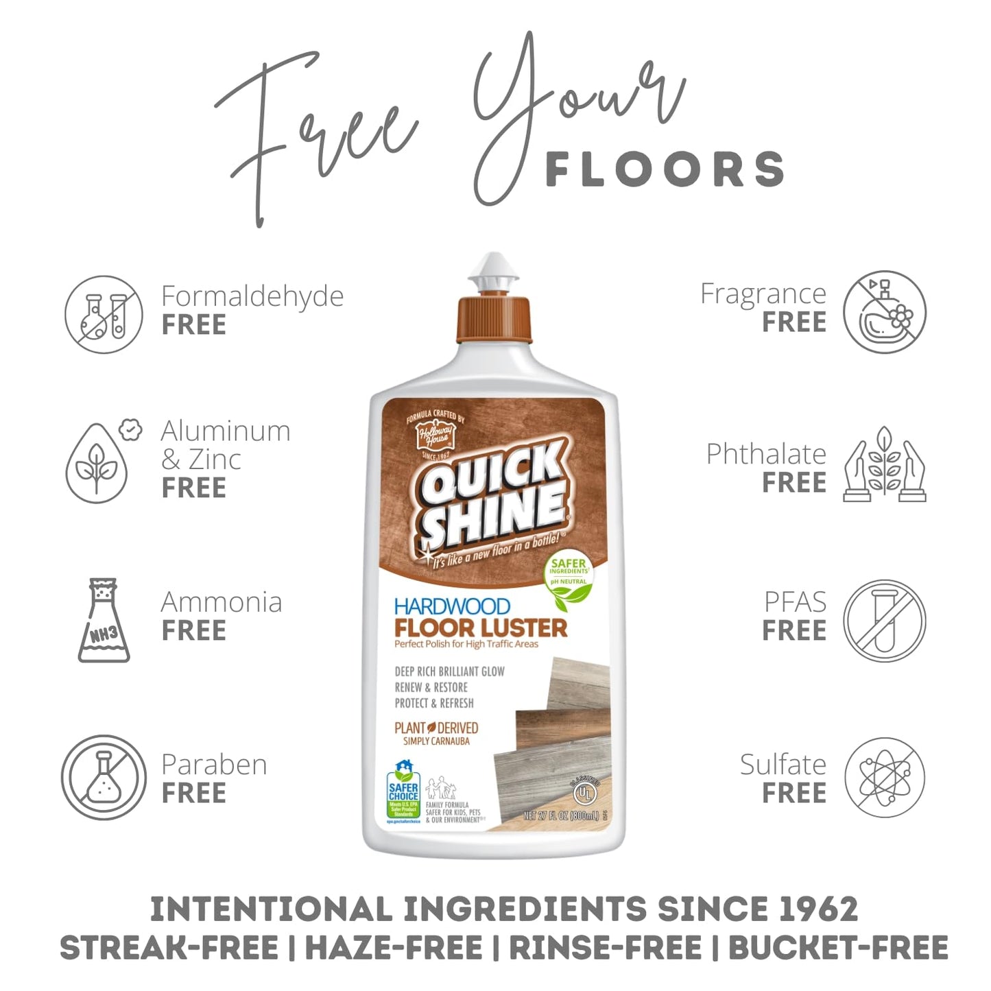 Quick Shine Hardwood Floor Luster-Polish 27oz | Plant-Derived w/Carnauba | Safer Choice, No PFAS, pH Neutral | Ready to Use Formula w/Anti-Slip