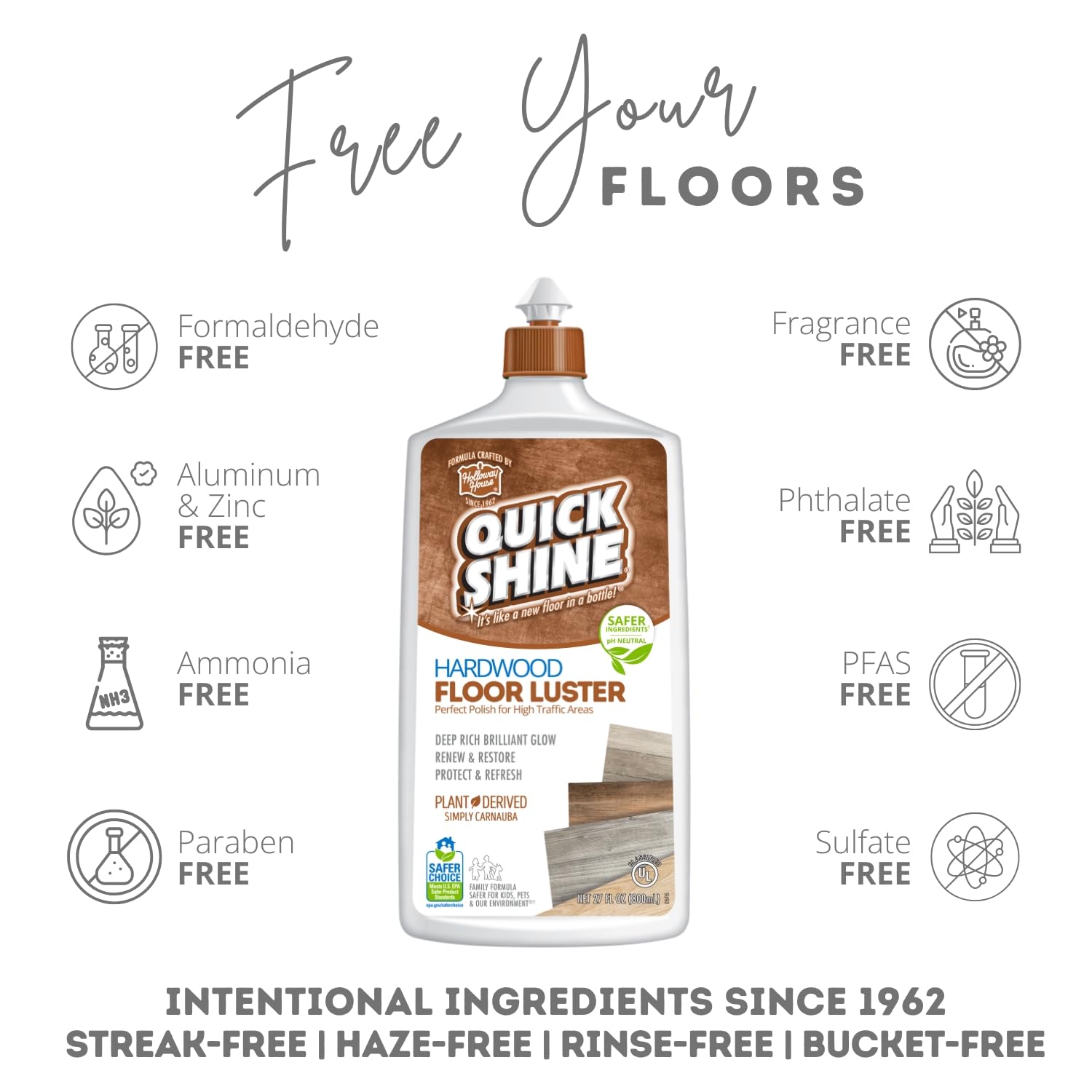 Quick Shine Hardwood Floor Luster-Polish 27oz | Plant-Derived w/Carnauba | Safer Choice, No PFAS, pH Neutral | Ready to Use Formula w/Anti-Slip