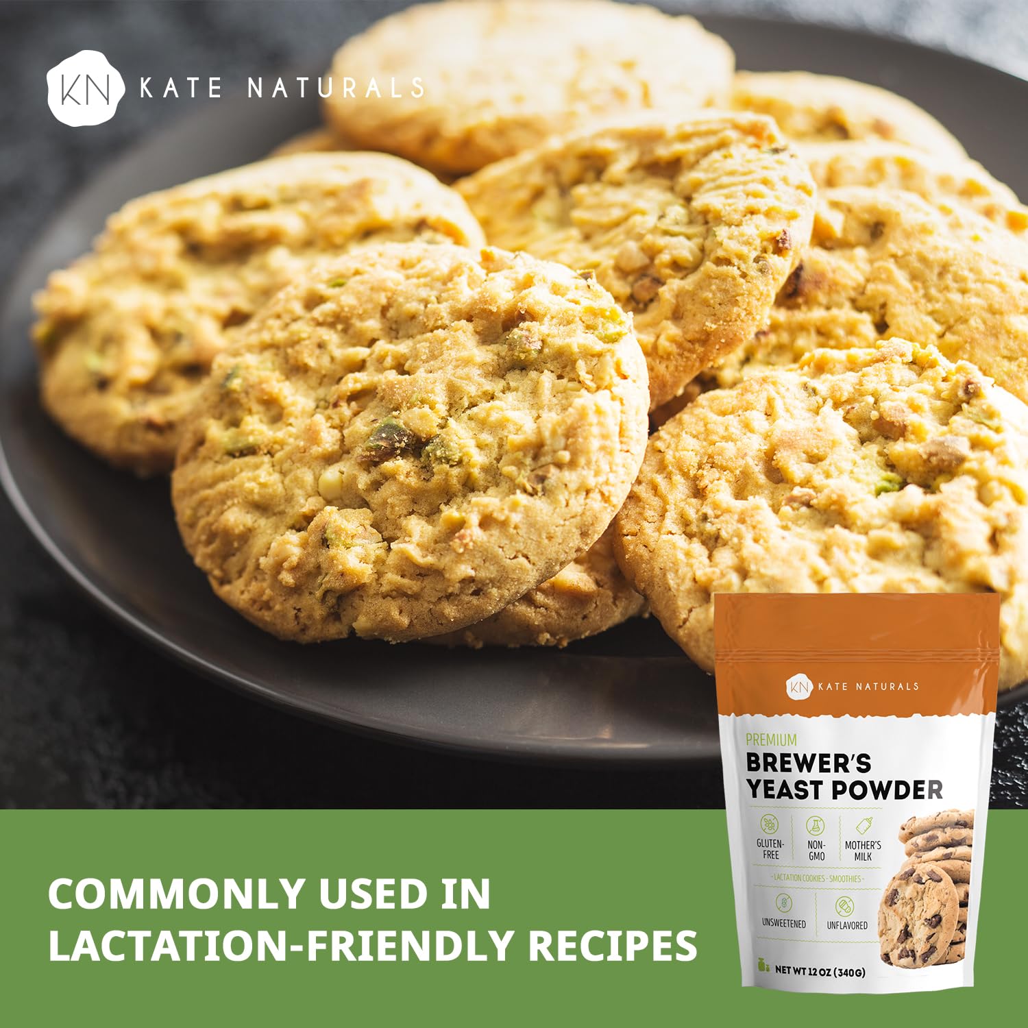 Kate Naturals Brewers Yeast Powder for Lactation Support & Nursing Moms. Debittered Brewer's Yeast for Lactation Cookies (12oz, Gluten Free, Non-GMO)