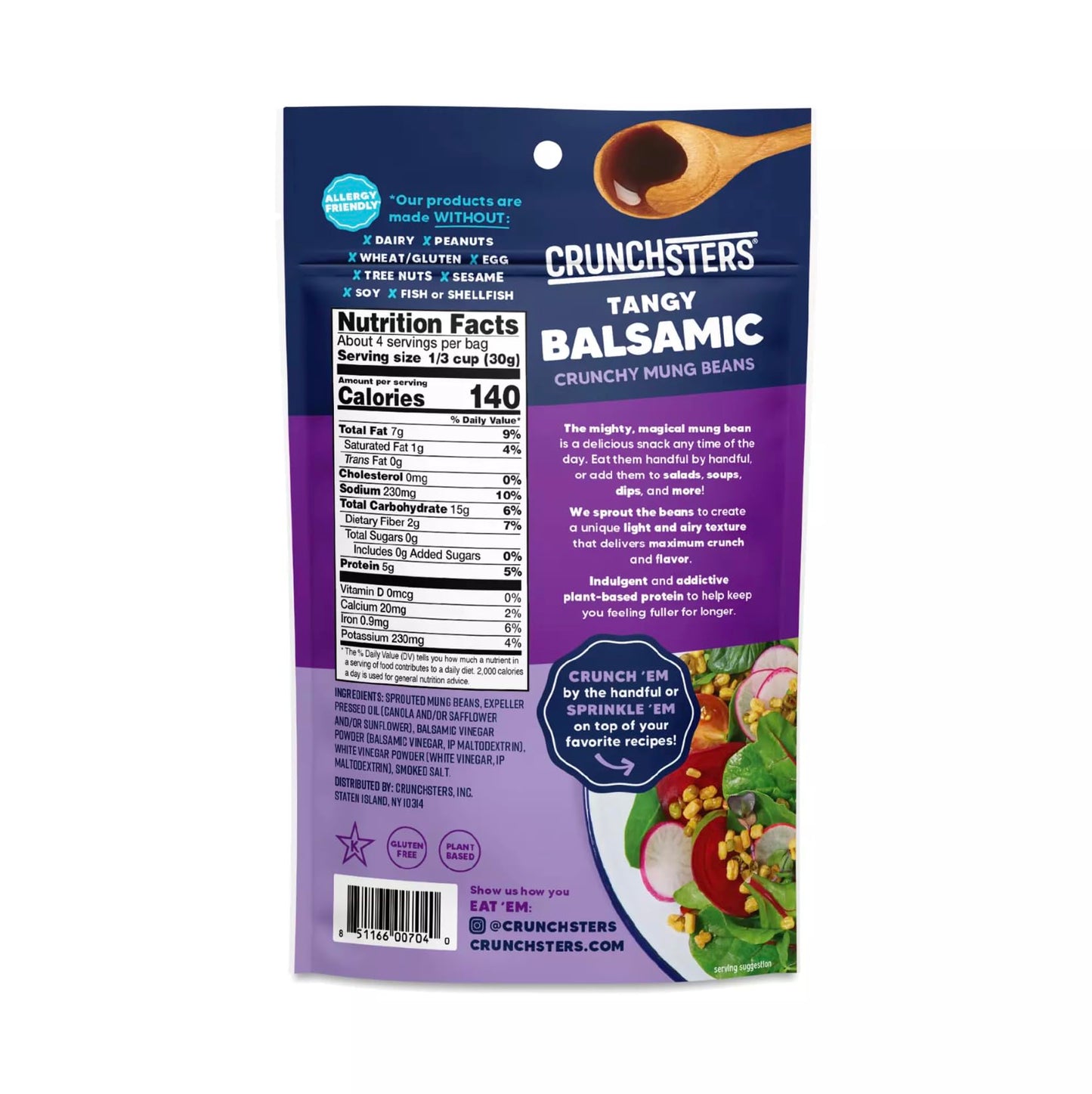 Crunchsters Crunchy Mung Beans Snack, Tangy Balsamic, 4oz. Bags, 6-Pack