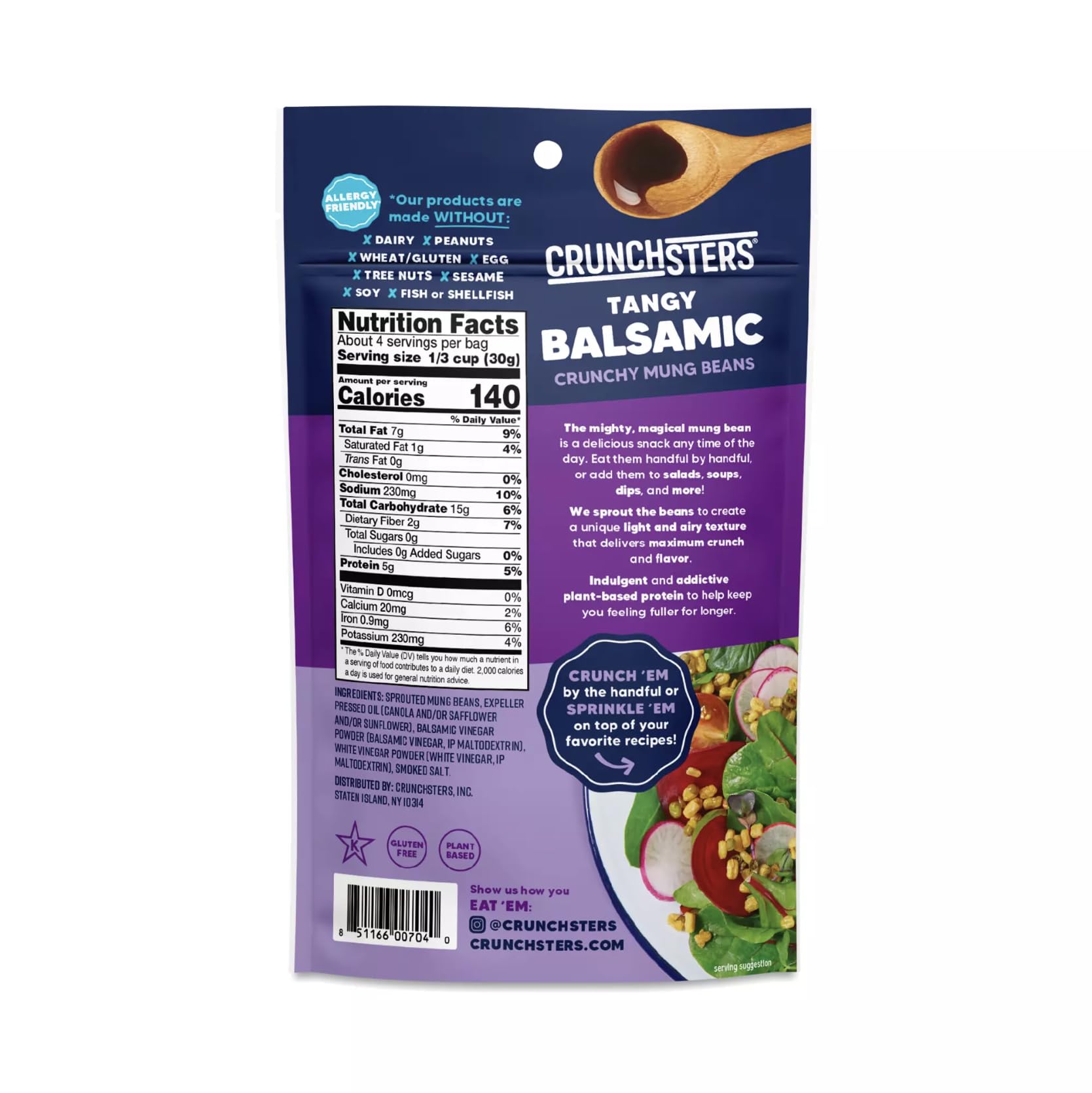 Crunchsters Crunchy Mung Beans Snack, Tangy Balsamic, 4oz. Bags, 6-Pack