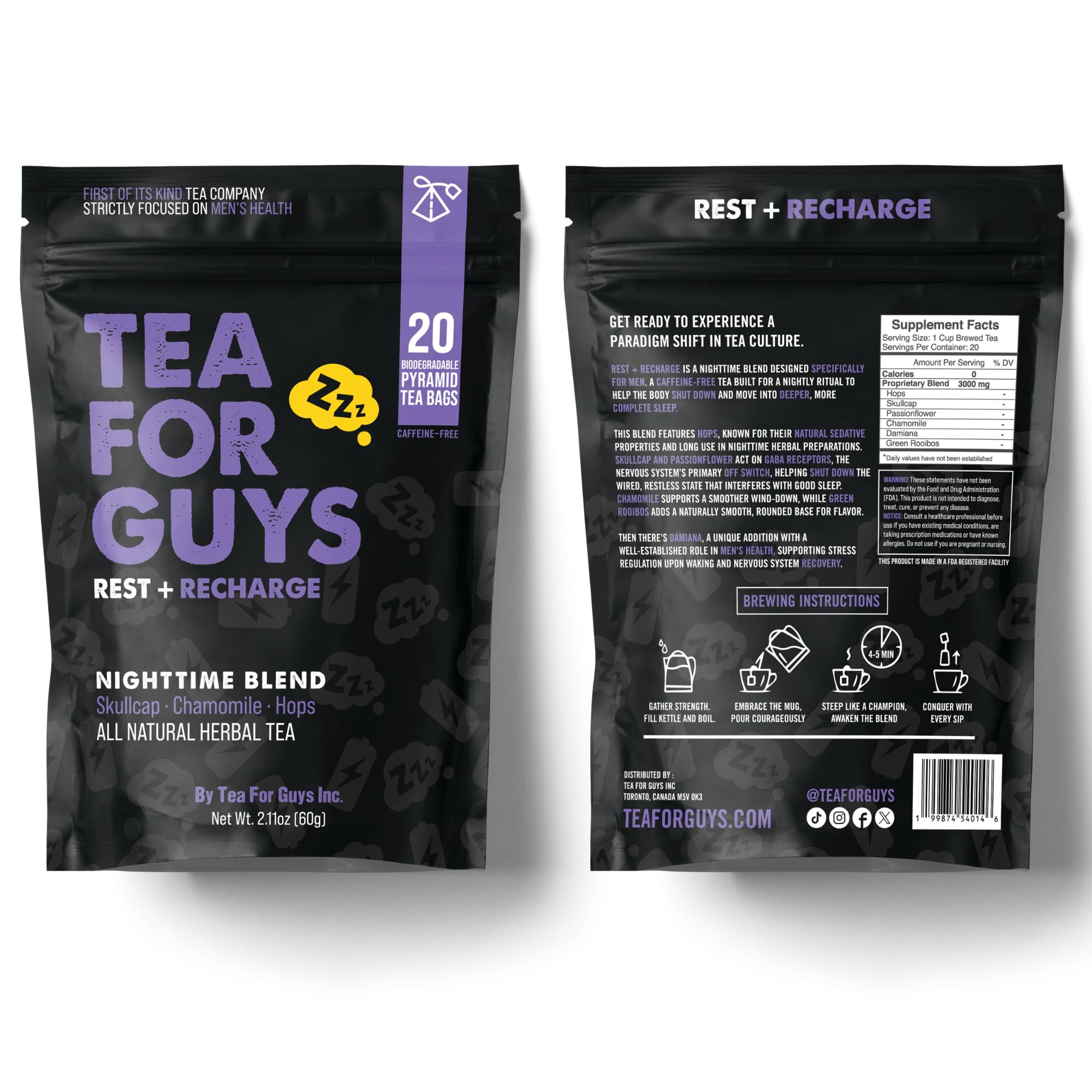 Tea For Guys: Nighttime Blend- Strong Herbal Night Blend for Calm, Reset, and Deep Rest | - 20 Biodegradable Tea Bags