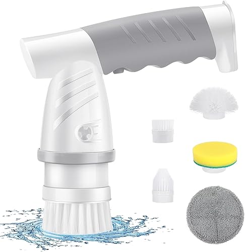 Electric Spin Scrubber, Shower Scrubber with Handle, Waterproof Portable Bathroom Cleaner Brush, Cordless Electric Cleaning Brush with 5 Replaceable
