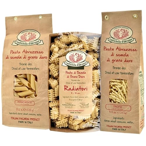 Rustichella d’Abruzzo Italian Short Pasta Variety Pack - Penne Rigate, Trofie & Radiatori - 3 x 17.6 oz (500g) Artisan Durum Wheat Semolina Pasta from