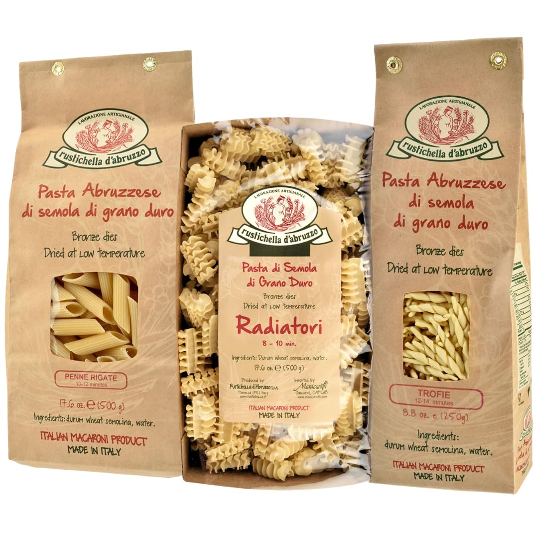 Rustichella d’Abruzzo Italian Short Pasta Variety Pack - Penne Rigate, Trofie & Radiatori - 3 x 17.6 oz (500g) Artisan Durum Wheat Semolina Pasta from