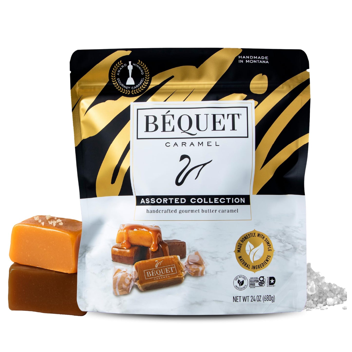 Béquet Assorted Caramels - Gourmet Individually Wrapped Candy Variety Pack - Celtic Sea Salt, Salt Chocolate, Classic Vanilla, Butterscotch, Green