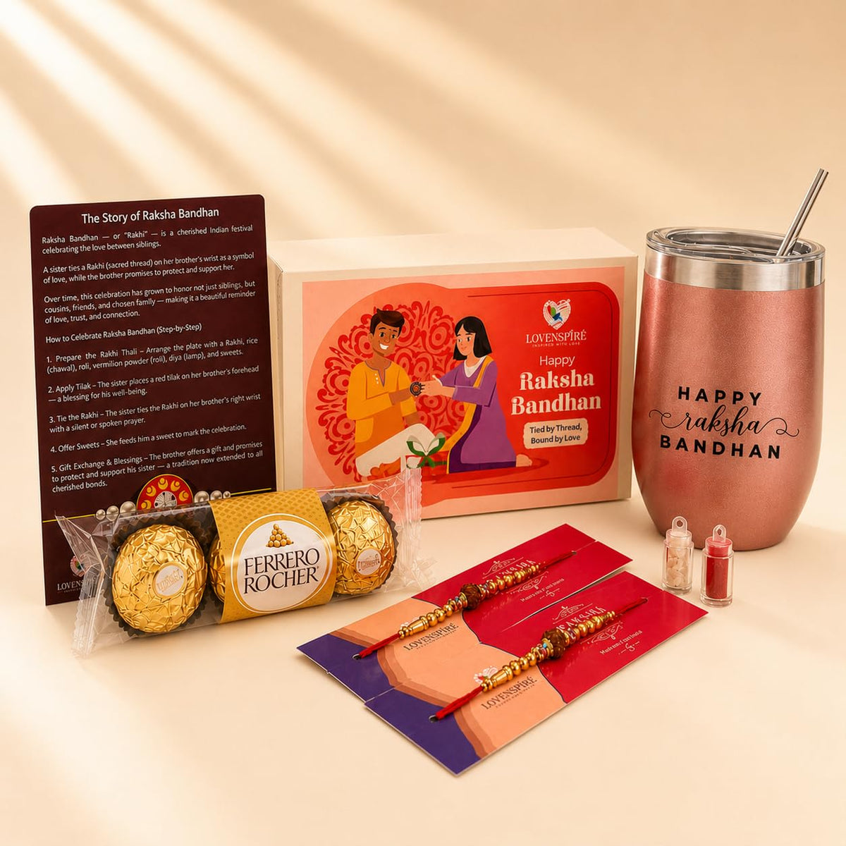 LOVENSPIRE Traditional Rudraksha Rakhi Gift Hamper for Brother & Bhabhi - Adjustable Rakhi Bracelet with Tumbler, Chocolates, Roli Chawal & Card