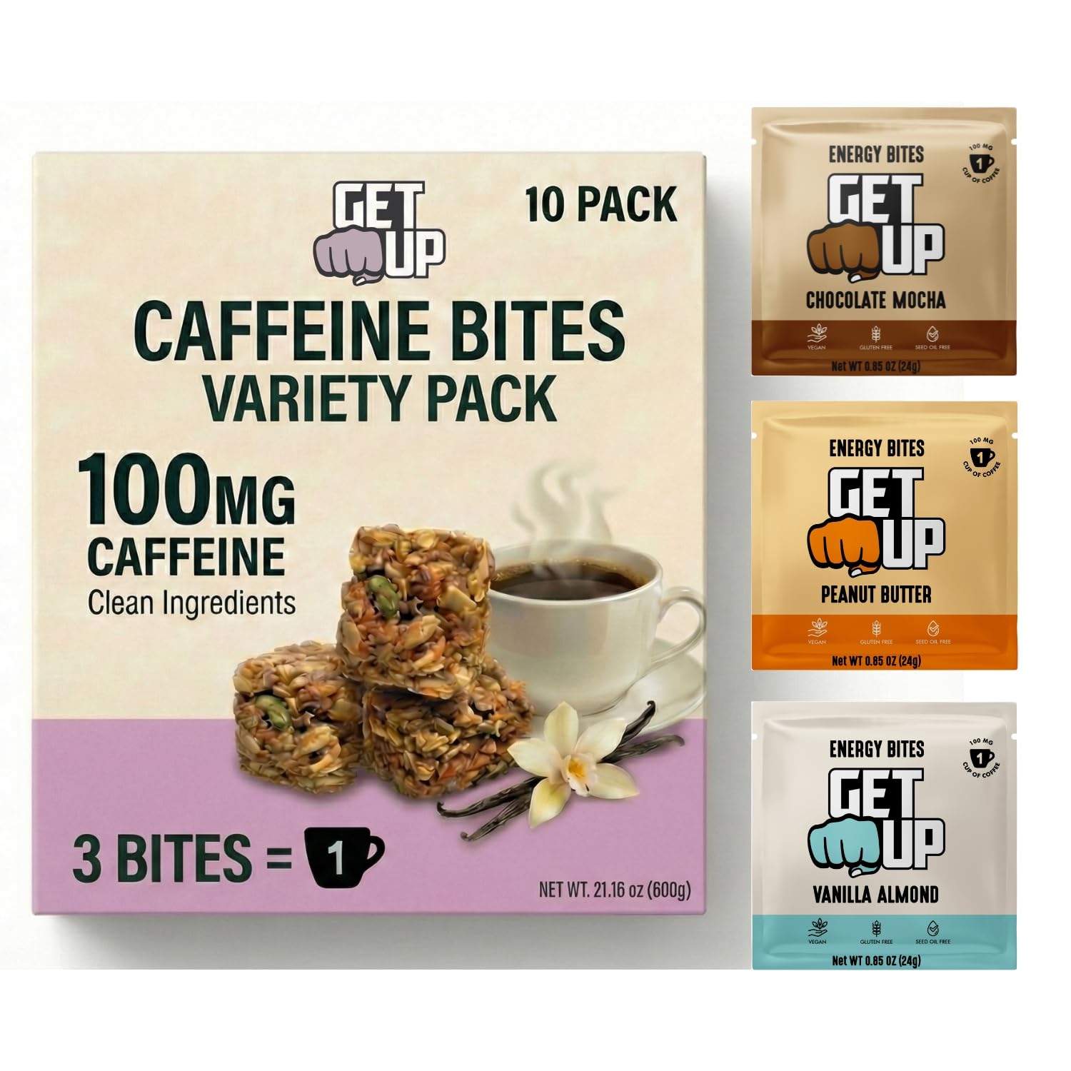 GetUp - Caffeinated Granola Bites - Variety Pack (10 Pack) - 100mg Caffeine Energy Bites - Gluten-Free, 0 Seed Oils, All Natural - Coffee Alternative