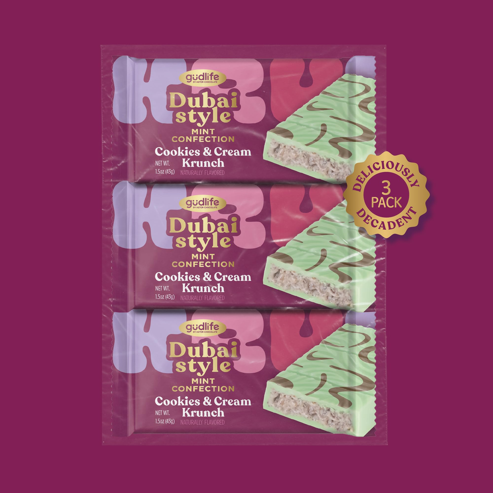 Gudlife Dubai Chocolate Mint 3-Pack | Refreshing Mint Cookies & Cream with Crunchy Cookies in White Chocolate Candy | Gourmet Dubai-Inspired Bites | 3