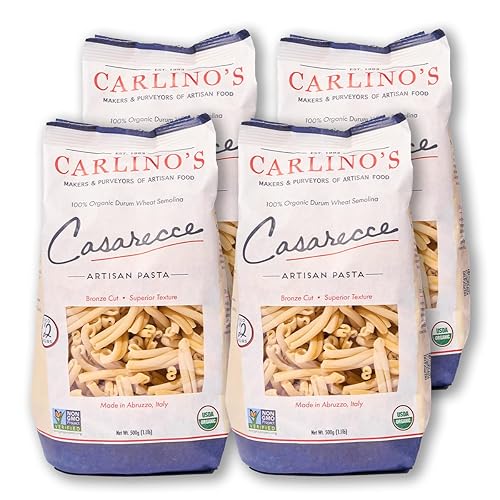 Carlino's Dried Casarecce| Organic Durum Wheat Semolina | Bronze Die Cut | Air Dried | Non-GMO, USDA Organic, Made in Italy, 17.6 Oz (Pack of 4)