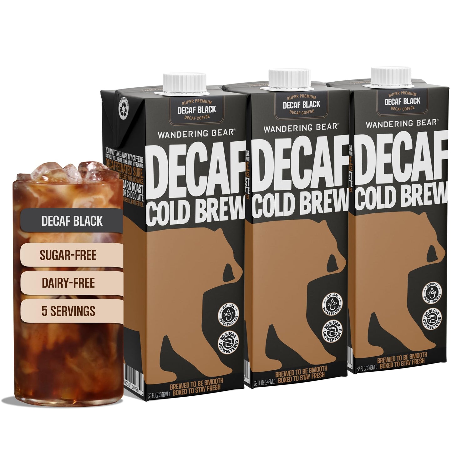 Wandering Bear Decaf Cold Brew Coffee - Bold, Smooth, No Sugar Added, Shelf-Stable, Ready to Drink, Gluten Free & Vegan Decaf Iced Cold Brewed Coffee