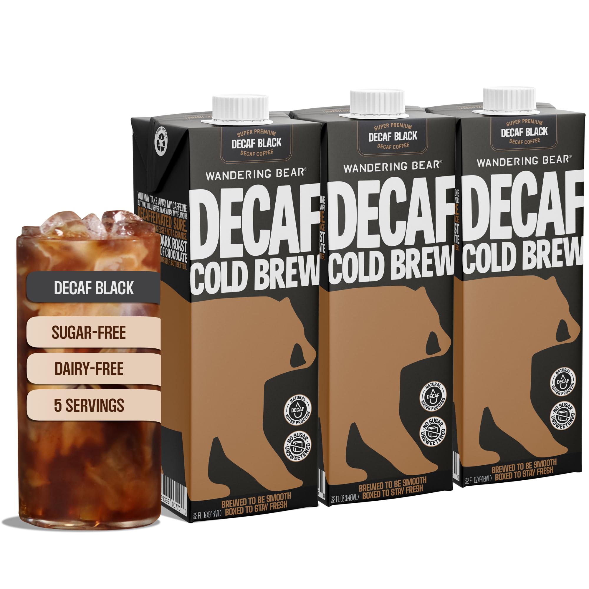 Wandering Bear Decaf Cold Brew Coffee - Bold, Smooth, No Sugar Added, Shelf-Stable, Ready to Drink, Gluten Free & Vegan Decaf Iced Cold Brewed Coffee