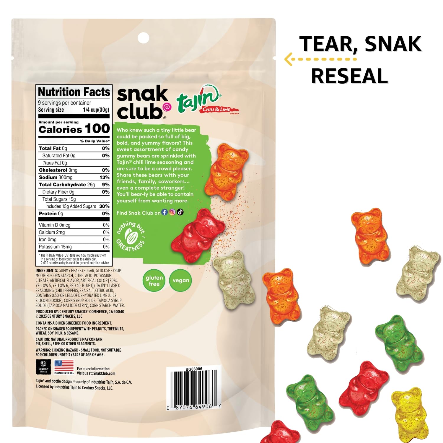 Snak Club Gummy Bears, Tajin Chili & Lime Sweet and Spicy Gummy Candy, Mild in Heat Bold in Flavor, Low-Fat, Vegan, Gluten-Free Snack, 9 oz Large