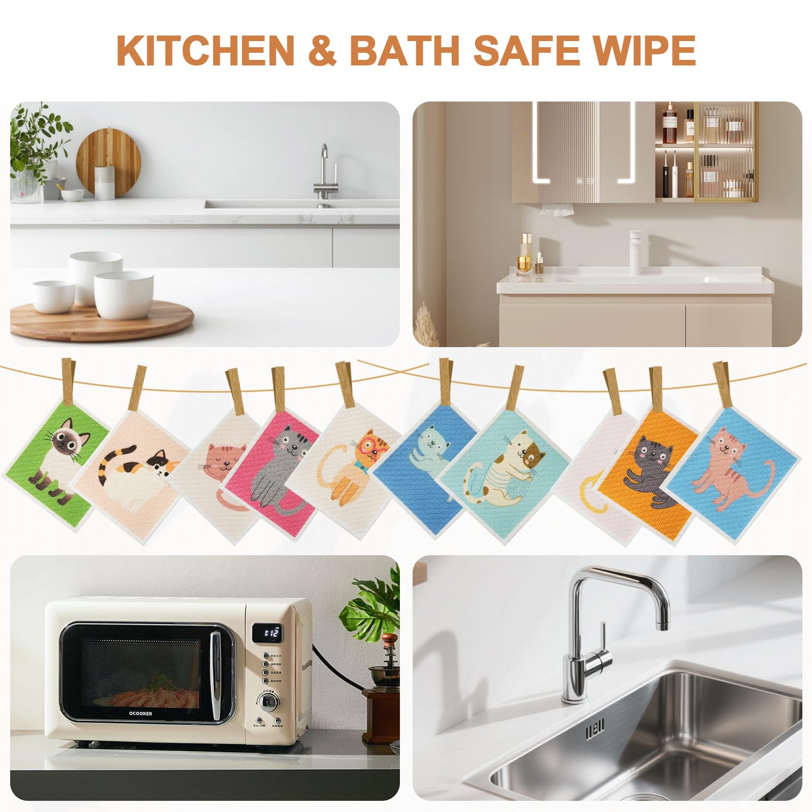 SEIBER Swedish Dishcloths for Kitchen Reusable,10 Pack Washable Dish Rags,Super Absorbent Reusable Towels Washable, Non-Scratch Cellulose Sponge