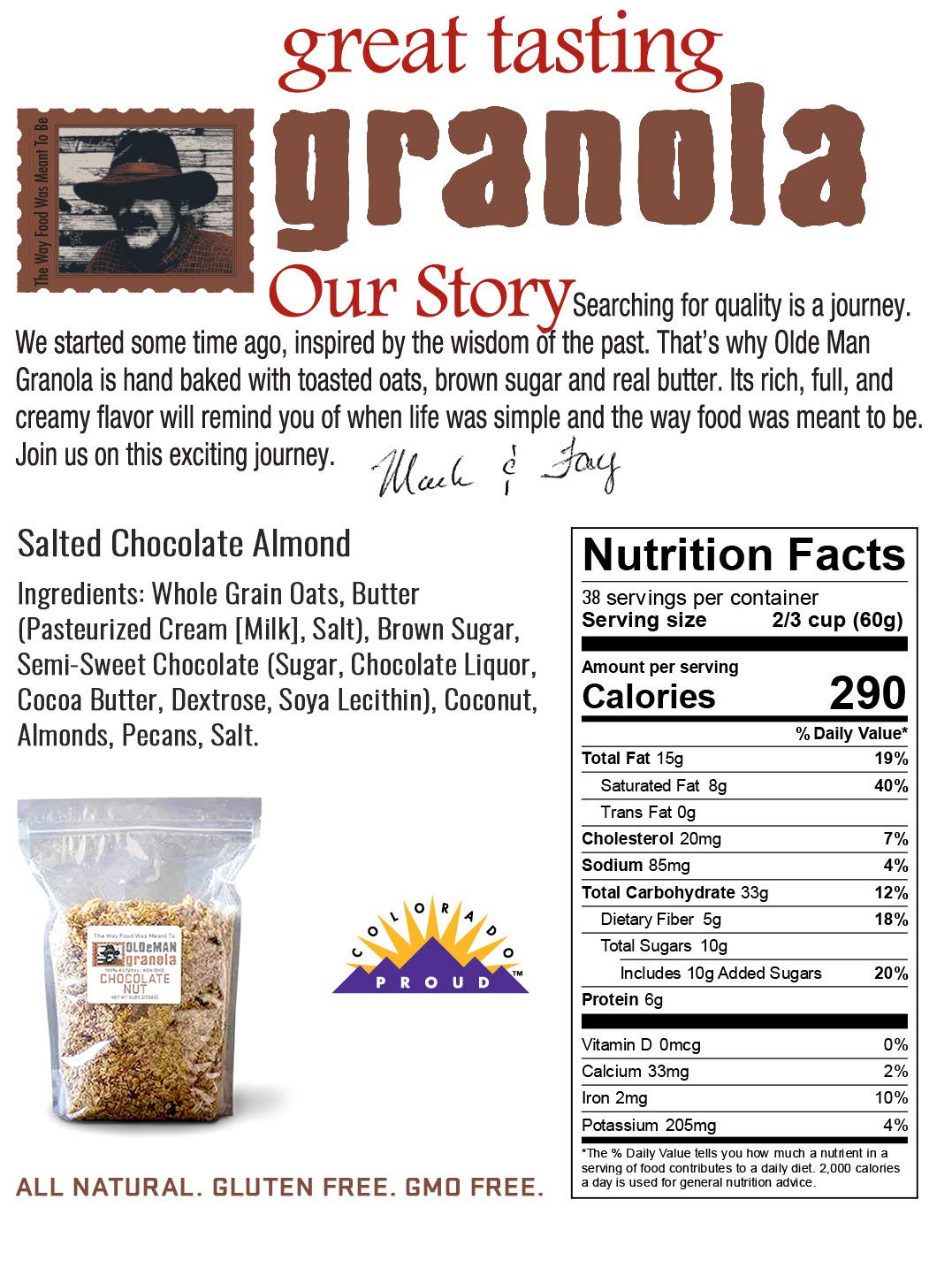 Olde Man Granola Gluten Free Granola - Non-GMO Healthy Granola Cereal - Soft Whole Grain Oats, Butter, Brown Sugar - Handmade in Colorado (Chocolate