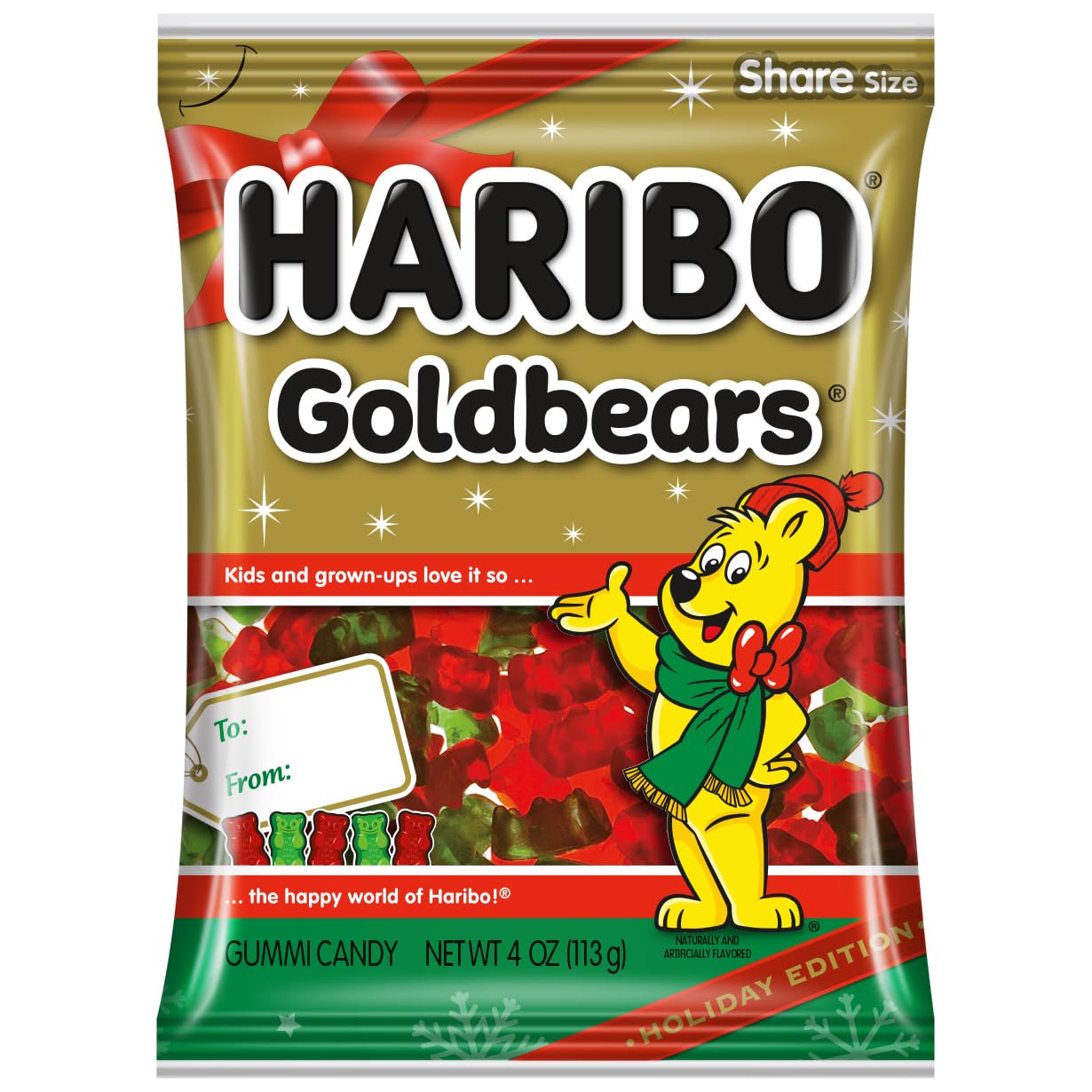 Haribo Limited Edition Holiday Themed Gummies, Assorted Fruit Flavored Red & Green Gummi Bears for Stocking Stuffers or Gifts, 4 oz Bags (Pack of 12)