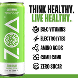 ZOA GREEN APPLE Sugar Free, Low Calorie Energy Drinks | Healthy B & C Vitamins | Electrolytes for Hydration | 160mg Caffeine from Green Tea | 12 Fl Oz