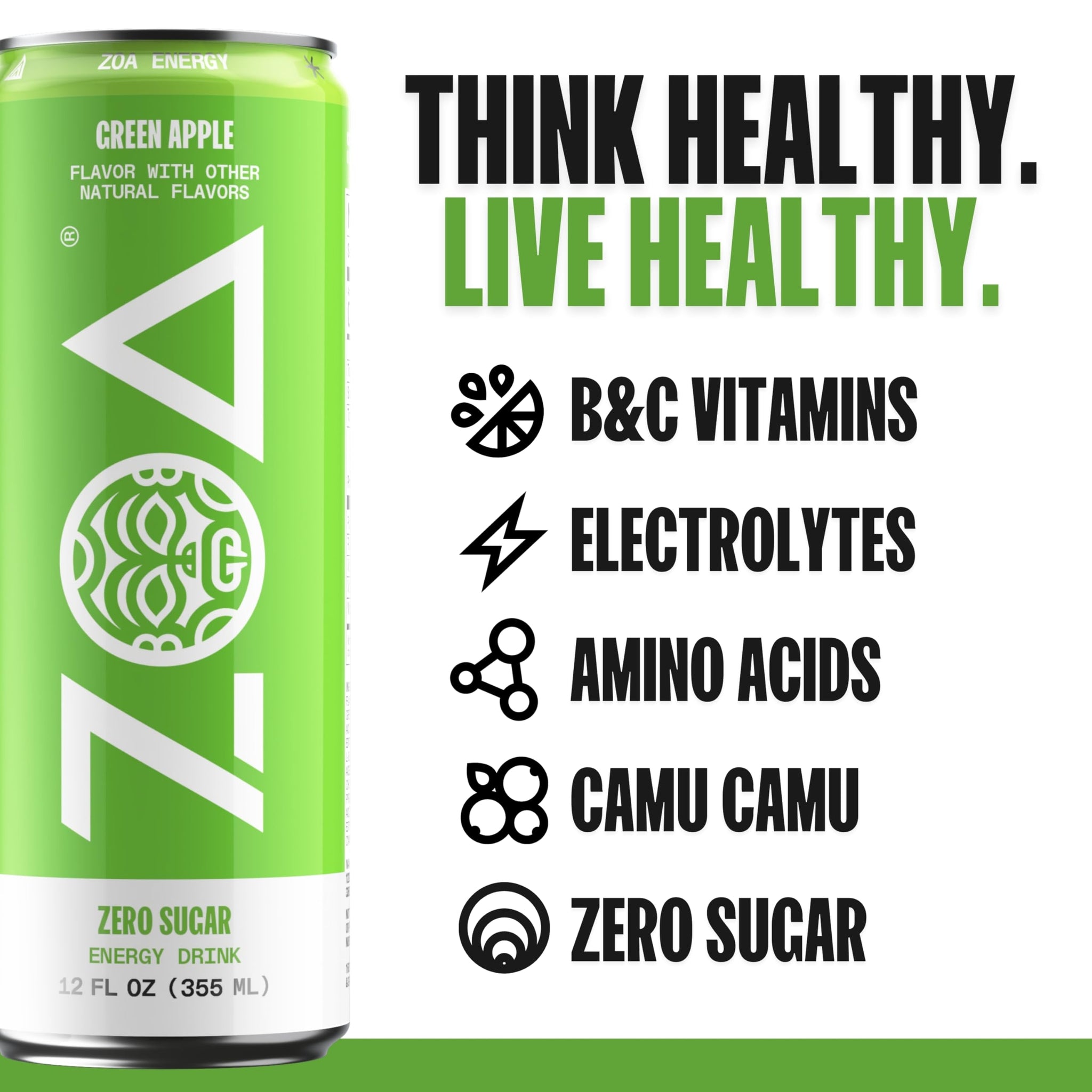 ZOA GREEN APPLE Sugar Free, Low Calorie Energy Drinks | Healthy B & C Vitamins | Electrolytes for Hydration | 160mg Caffeine from Green Tea | 12 Fl Oz