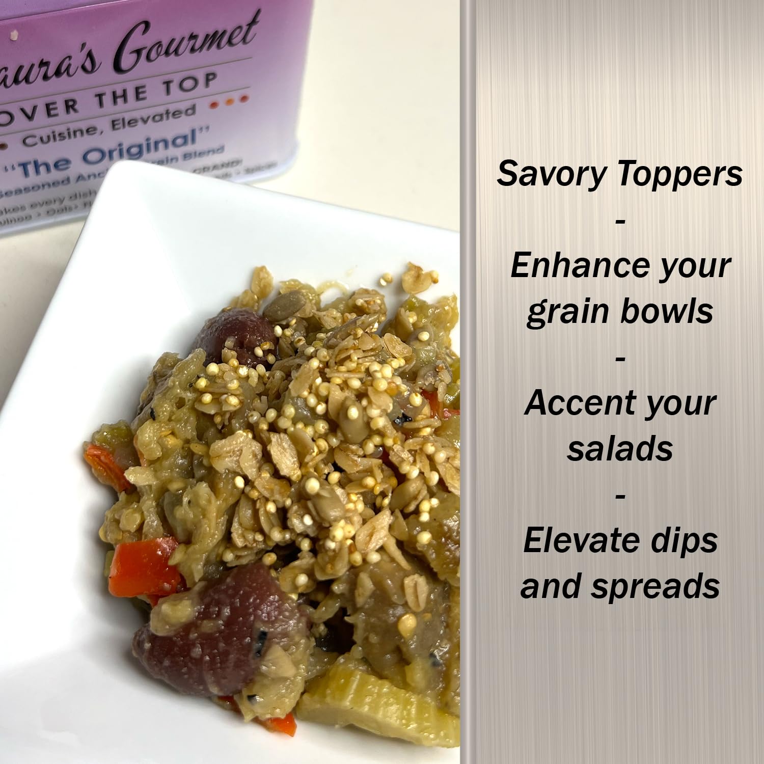 Laura’s Gourmet, Over The Top Savory Seasoned Ancient Grain Blends, Perfect Topper for “The Original,” 10 oz. Tin, All-Natural, Gluten-Free Topper