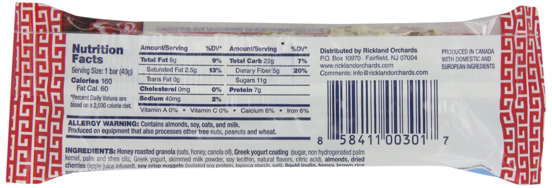Rickland Orchards Greek Yogurt Covered Granola Bar, Cherri Almond, 1.4 Ounce (Pack of 12)