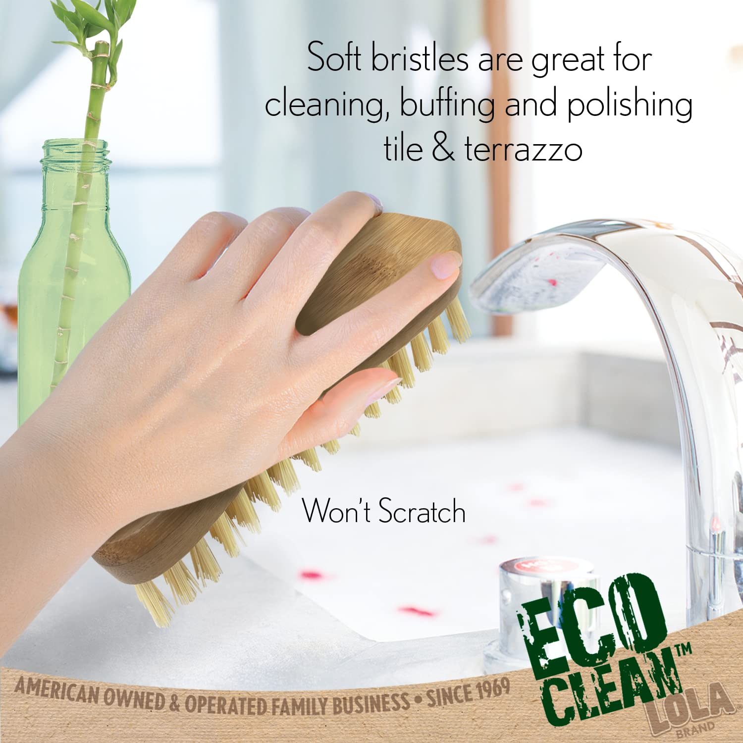 LOLA Bamboo Scrub Brush for Cleaning, Ergonomic Sustainable Durable Poly Bristles Made from Recycled Soda/Water Bottles Easy Hang Hole 1 Pack