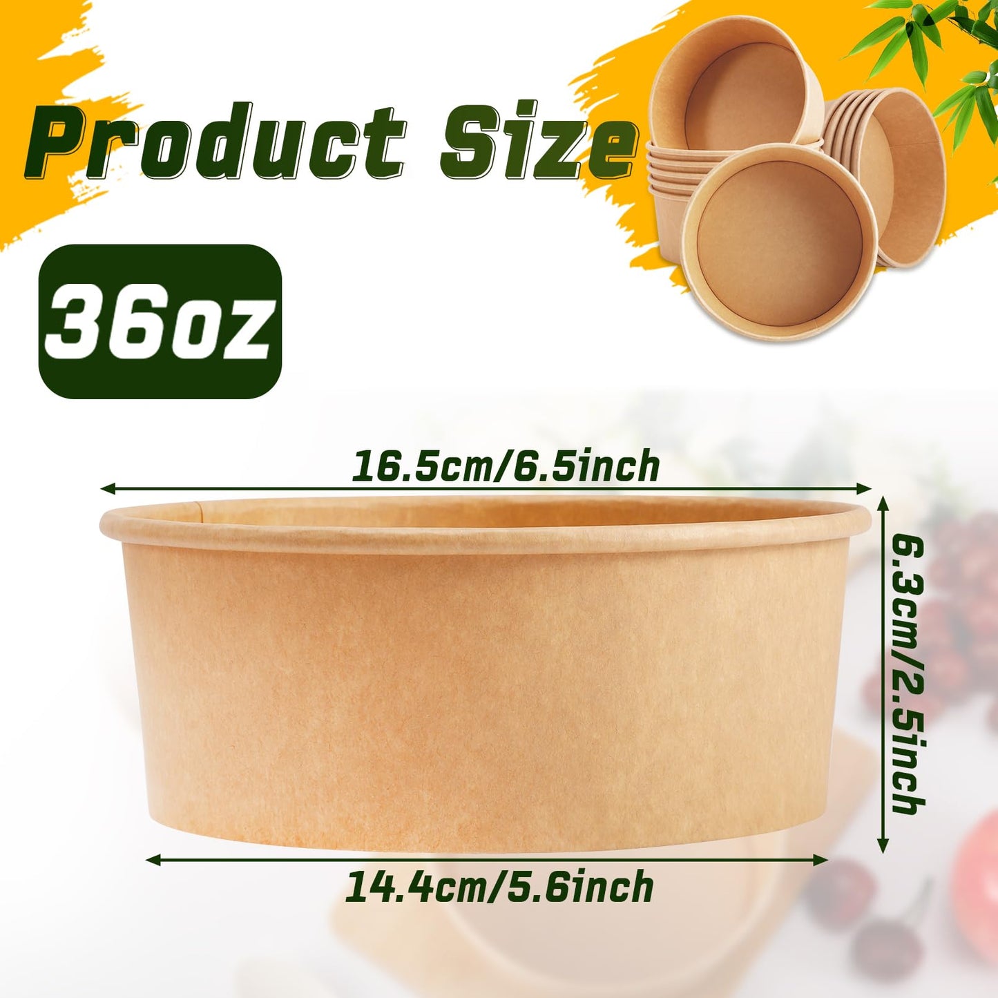 Enjamyo 36Oz Large Paper Bowls with Lids,50 Pcs Disposable Soup Bowls Bulk,Kraft Paper Salad Bowl,Round Bowls,Heavy Duty Soup Serving Bowls