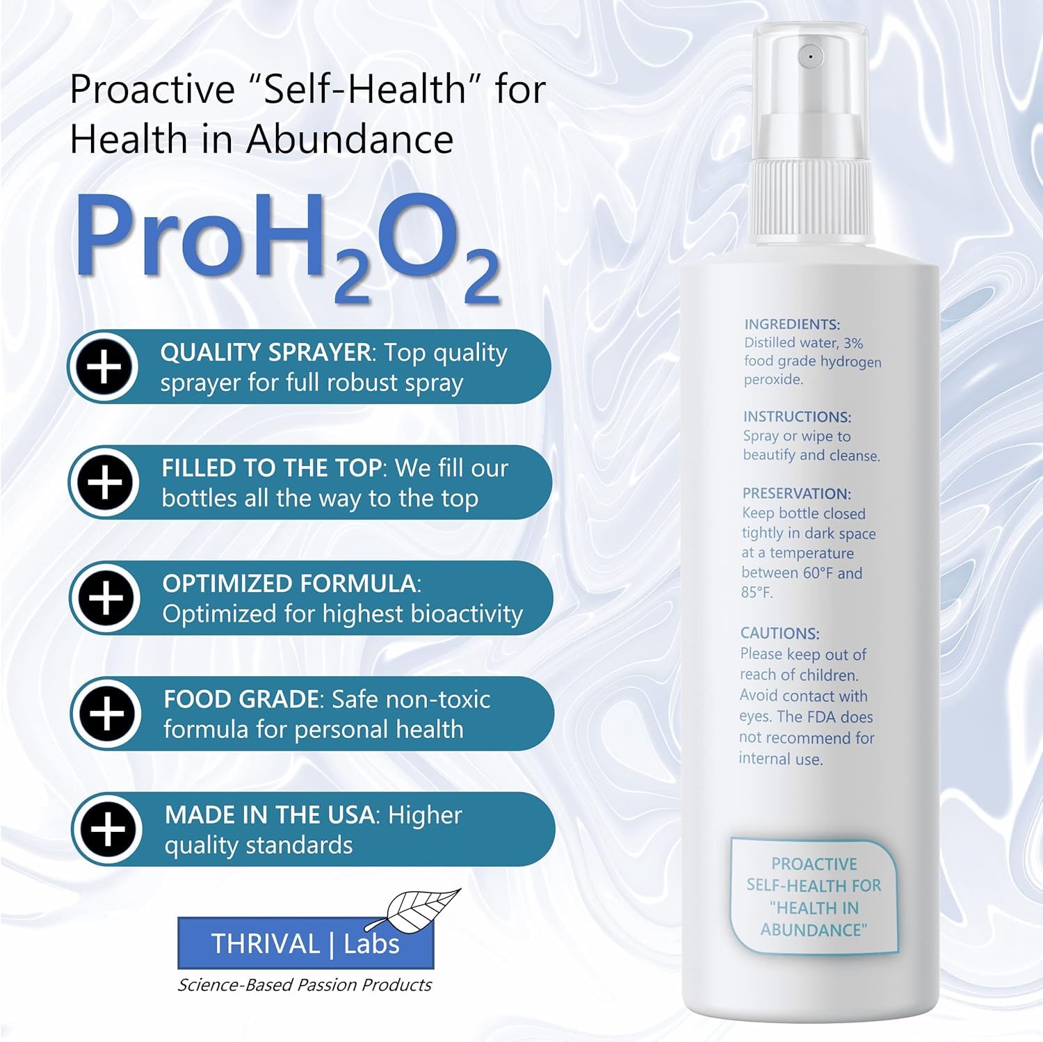 Thrival Labs ProH2O2 3% Food Grade Hydrogen Peroxide - Natural Cleaner & Disinfectant - Suitable for Household Use - Ideal for Cleaning, Sanitizing