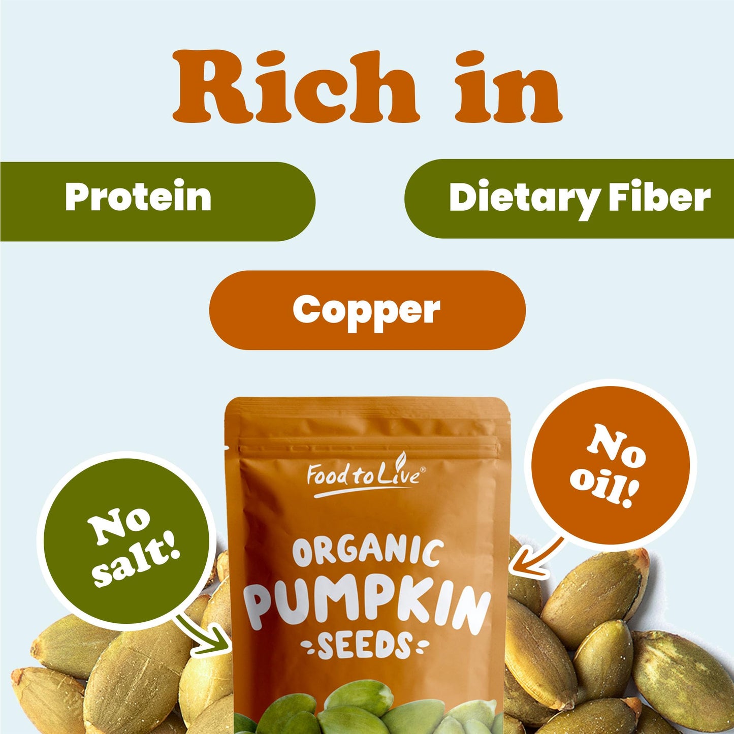 Food to Live Organic Dry Roasted Pumpkin Seed Kernels, 1 Pound - Non-GMO, Unsalted, Oven Roasted Whole Pepitas, No Oil Added, Shelled, Vegan, Kosher