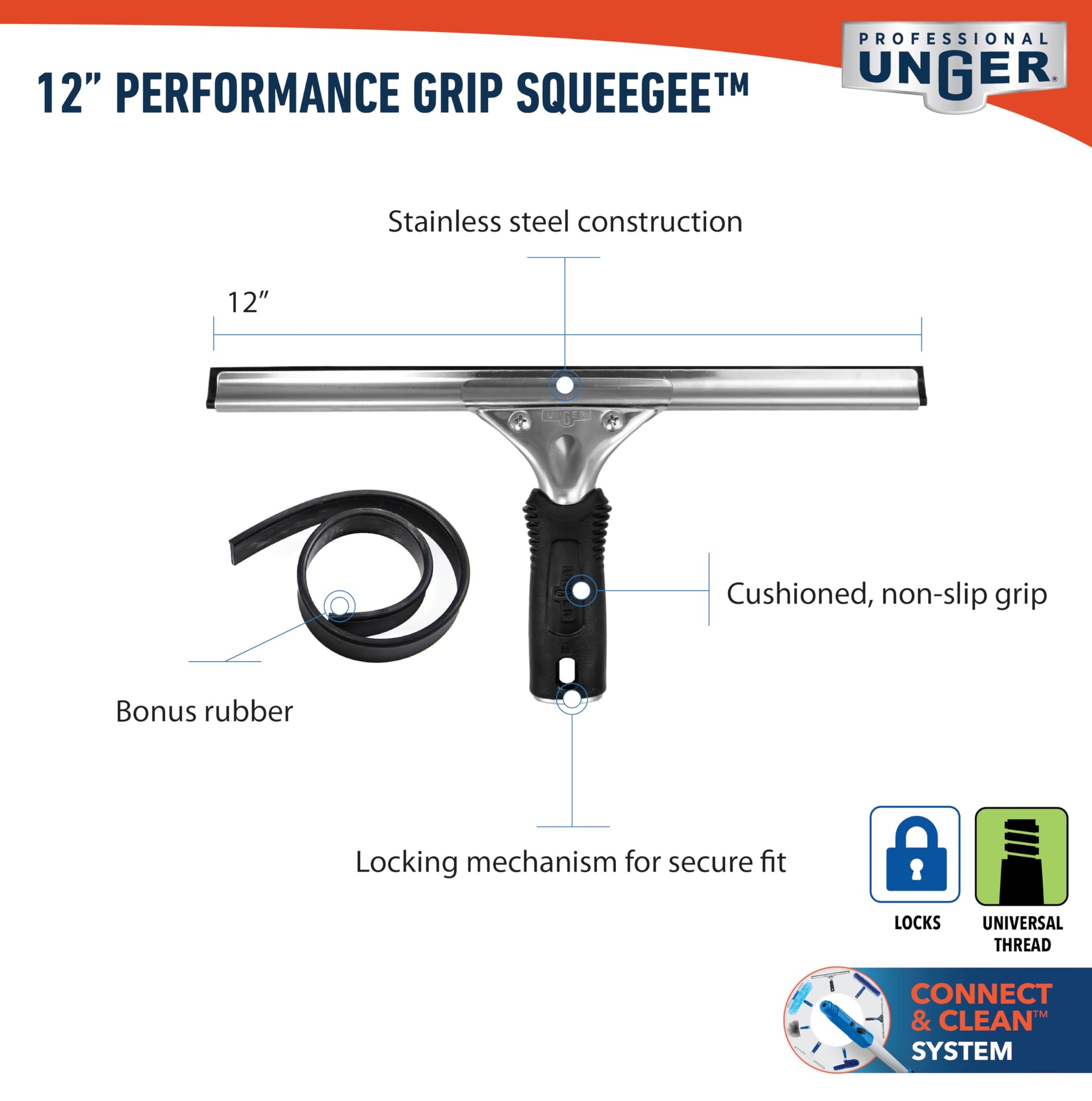 Unger Professional Connect and Clean 12” Performance Squeegee for Glass and Window Care with Replacement Rubber, Heavy Duty Cleaning Supplies