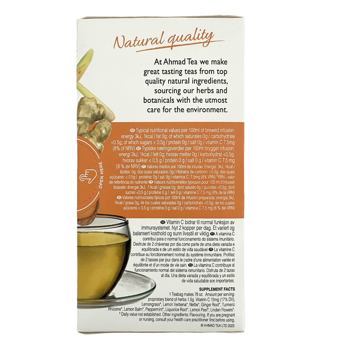 Ahmad Tea Herbal Tea, Lemon, Ginger, Turmeric, & Vitamin C 'Immune' Natural Benefits Teabags, 20 ct (Pack of 6) - Decaffeinated & Sugar-Free