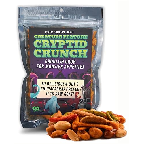 Cryptid Crunch Gourmet Spicy Trail Mix for Men Horror Gag Gift Scary Movie Lovers Werewolf Bigfoot Mothman Monsters Halloween Snack Basket