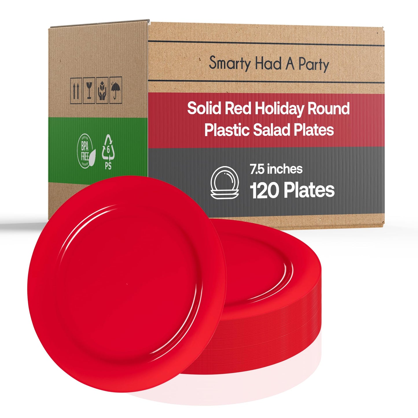 Smarty Had A Party - Premium 7.5 Inch Red Disposable Salad and Dessert Plates - 120 Count Heavy Duty BPA-Free Plastic Plates, Recyclable Party Plates